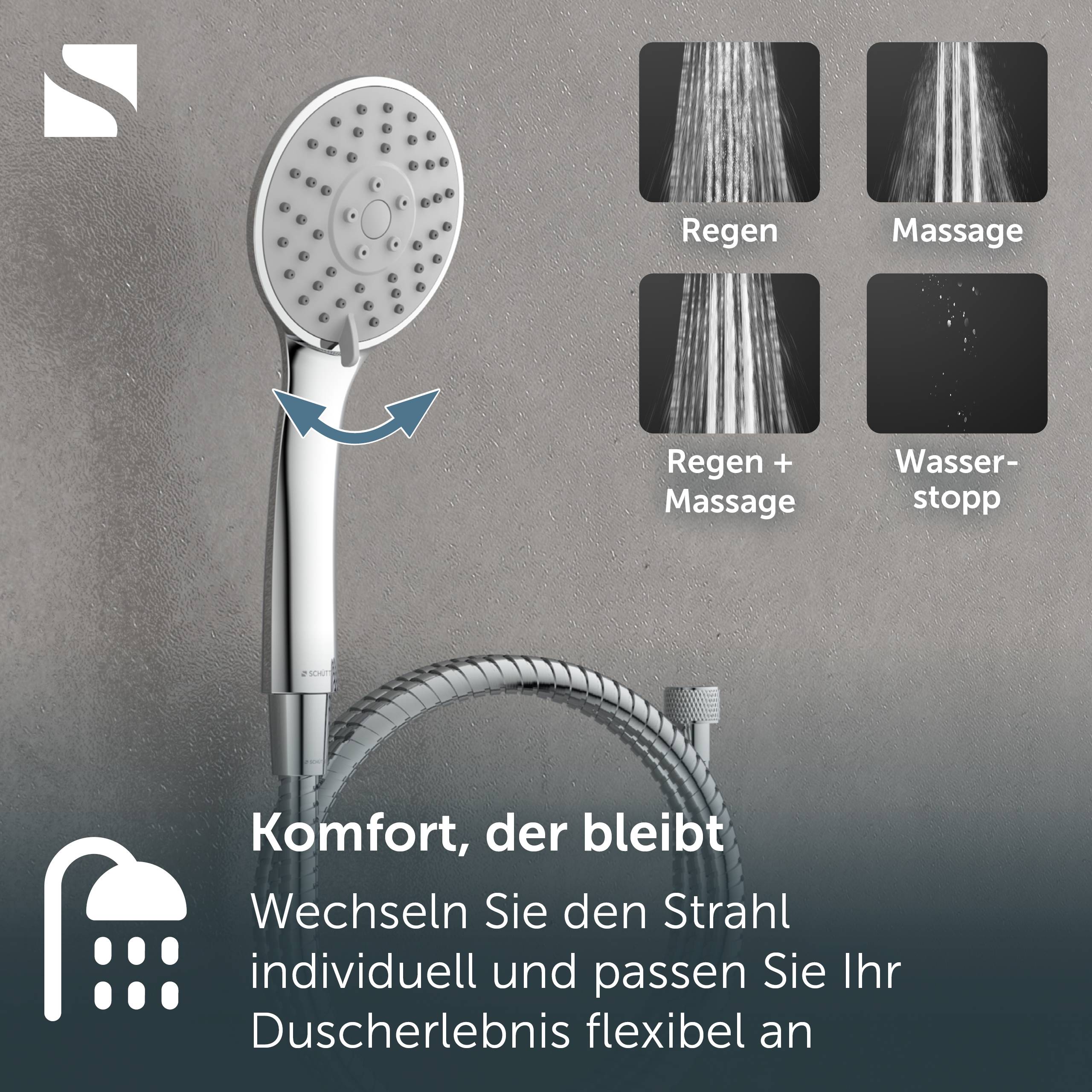 Tragbarer Duschkopf mit drehbarem Sprühwähler; vier Modi dargestellt: „Regen", „Massage"", „Regen + Massage"" und „Wasserstopp"".
