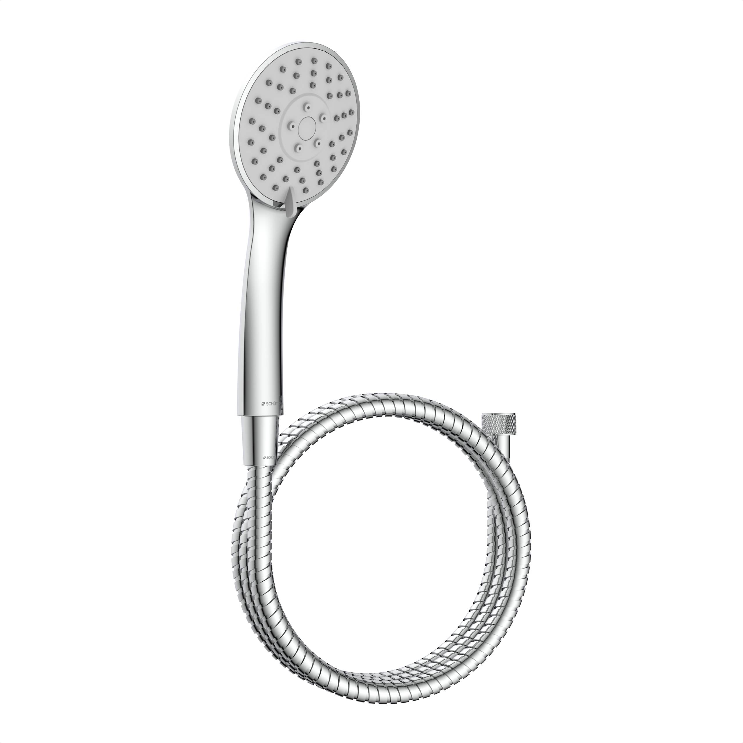 Handbrause mit langem, gewundenem flexiblem Schlauch auf weißem Hintergrund.