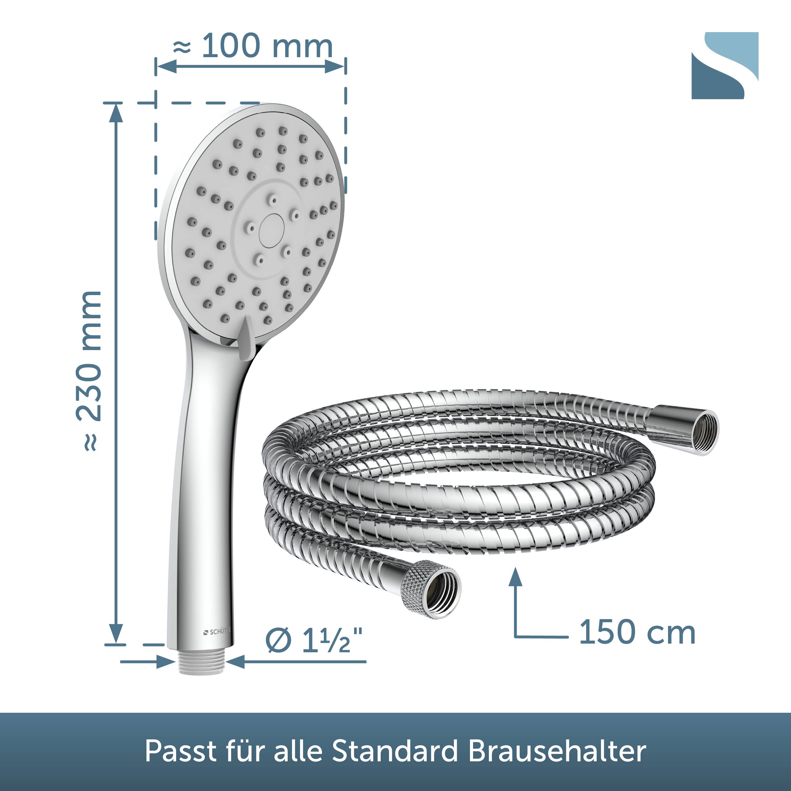 Tragbarer Duschkopf mit Schlauch, Abmessungen: etwa 230 mm Höhe, 100 mm Breite, 150 cm Schlauch und Kompatibilität mit Standard-Duschhalter 1 1/2 Zoll.