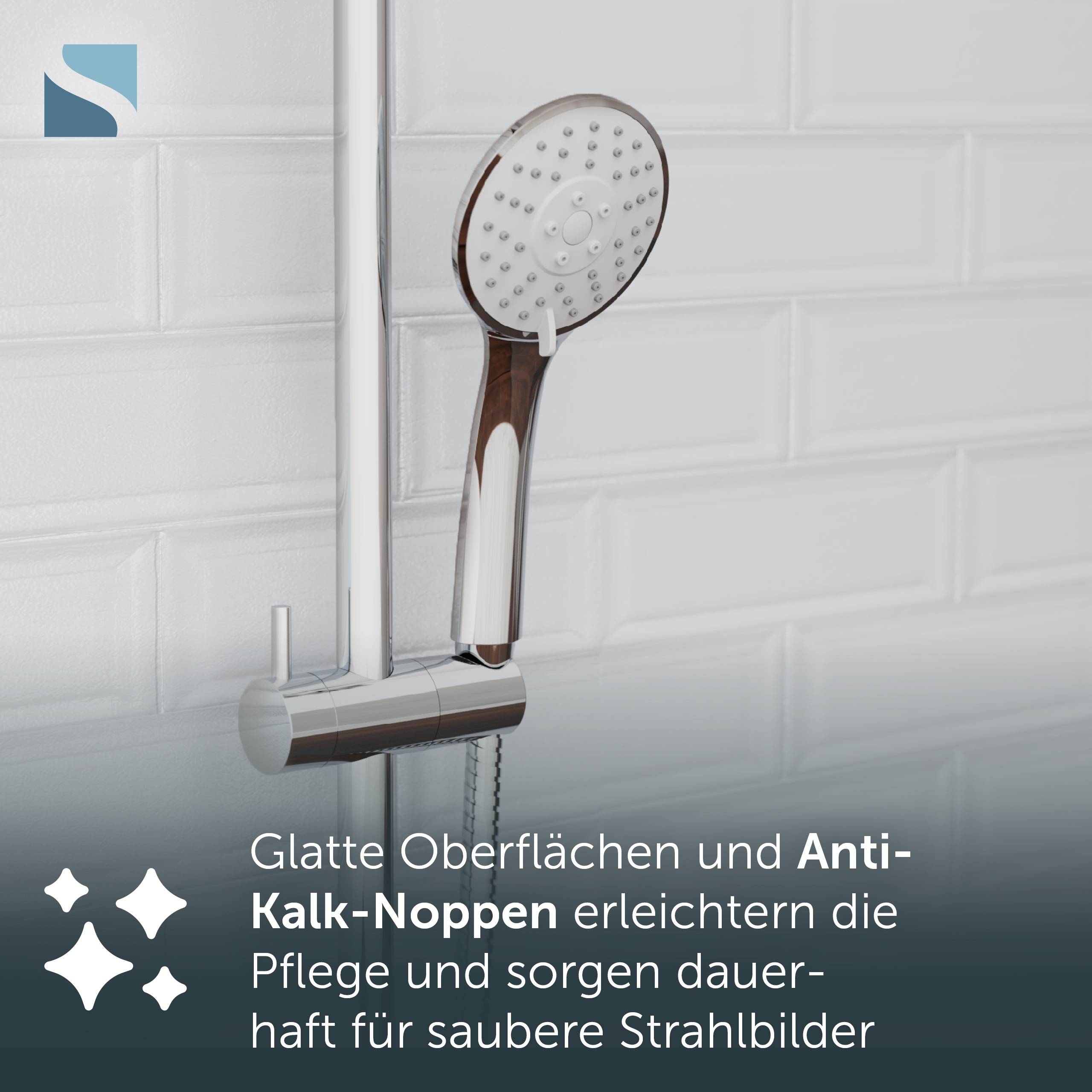 Handbrause mit glatten Oberflächen und Antikalk-Düsen, in einem Badezimmer neben einem deutschen Text über einfachere Reinigung und saubere Sprühmuster gezeigt.
