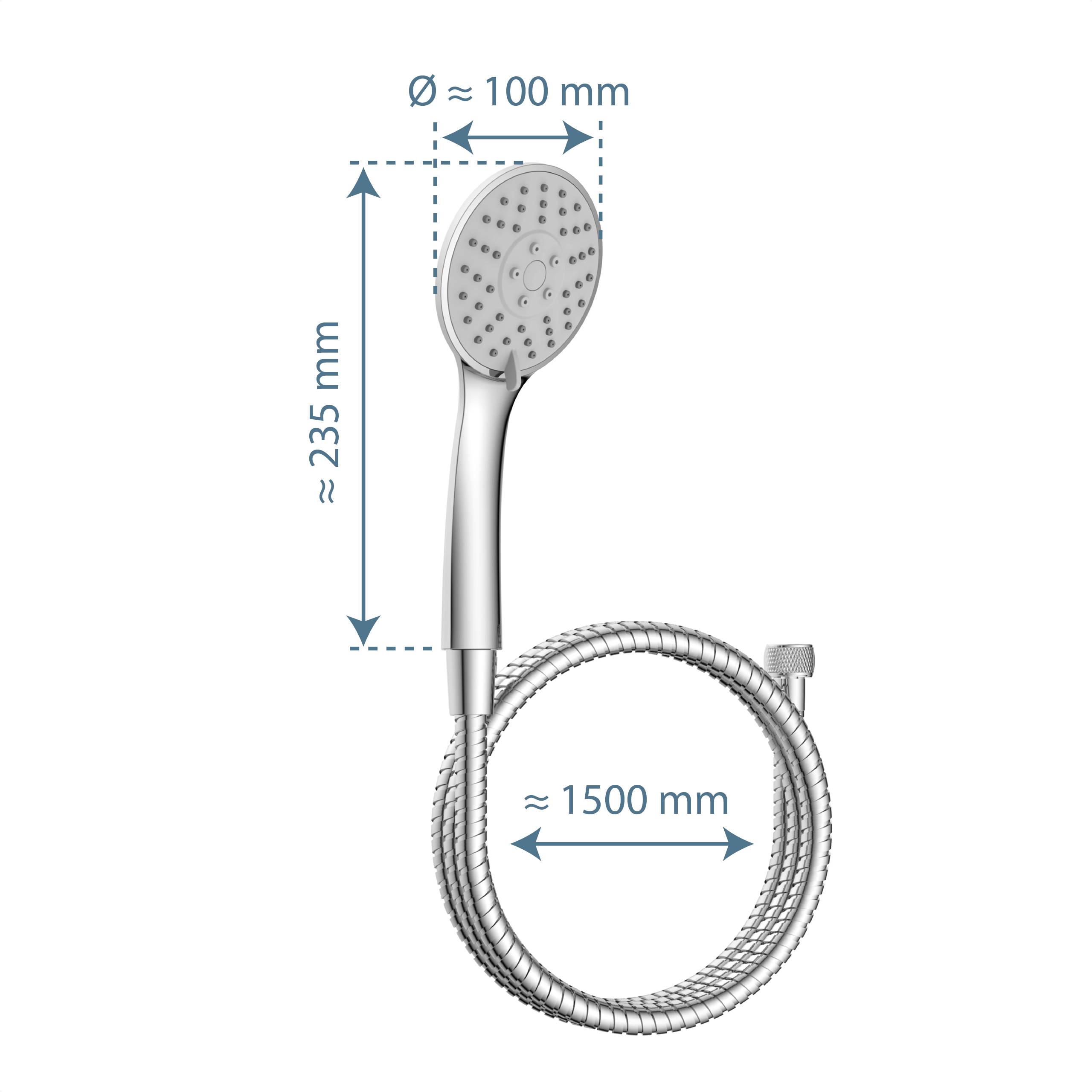 Duschkopf mit Schlauch. Abmessungen: Kopfdurchmesser 100 mm, Kopflänge 235 mm, Schlauchlänge 1500 mm. Dargestellt in Silberfarbe.