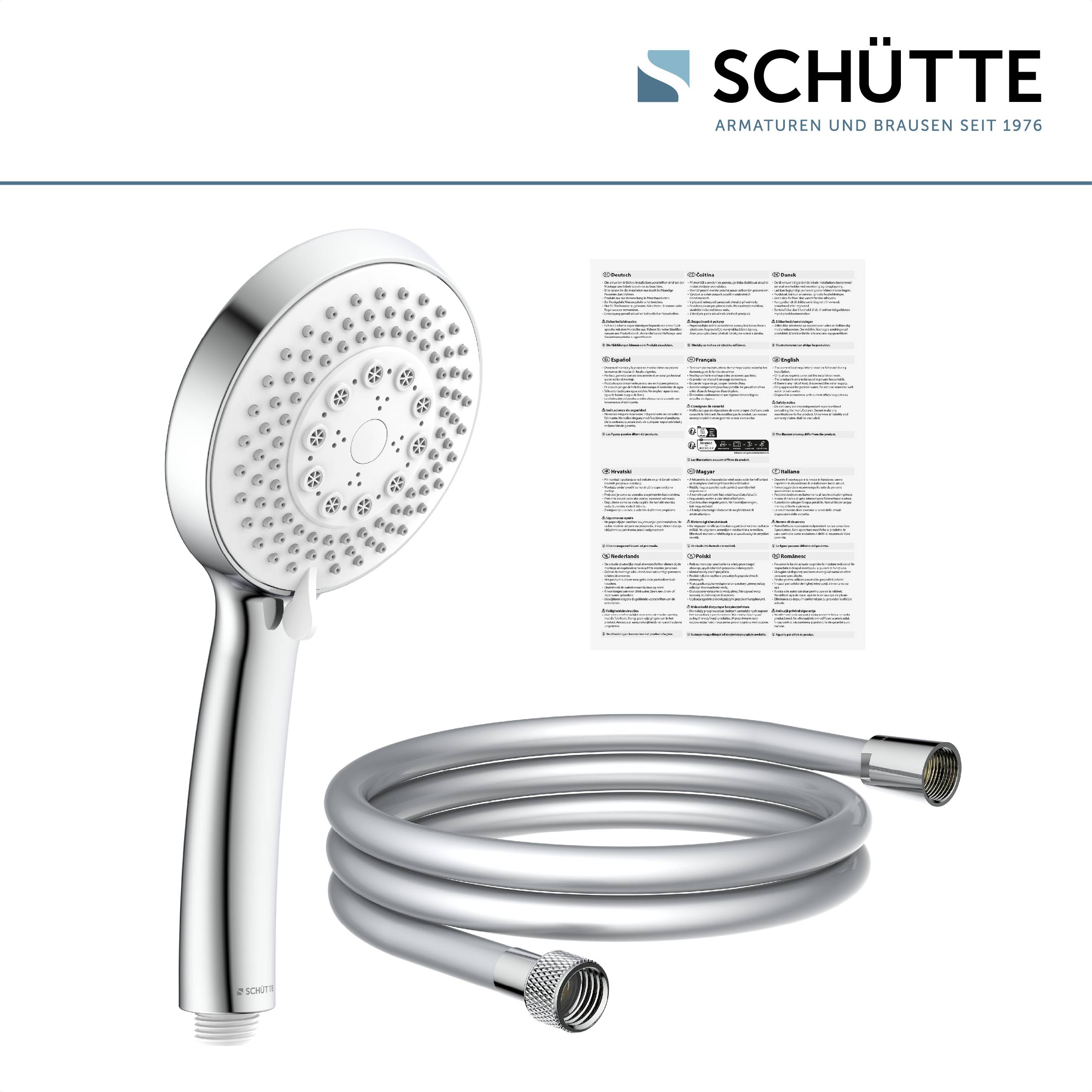 Ein schwarzer verstellbarer Duschkopf, der auf einer vertikalen Schiene montiert ist und sich für moderne Badezimmereinrichtungen eignet.