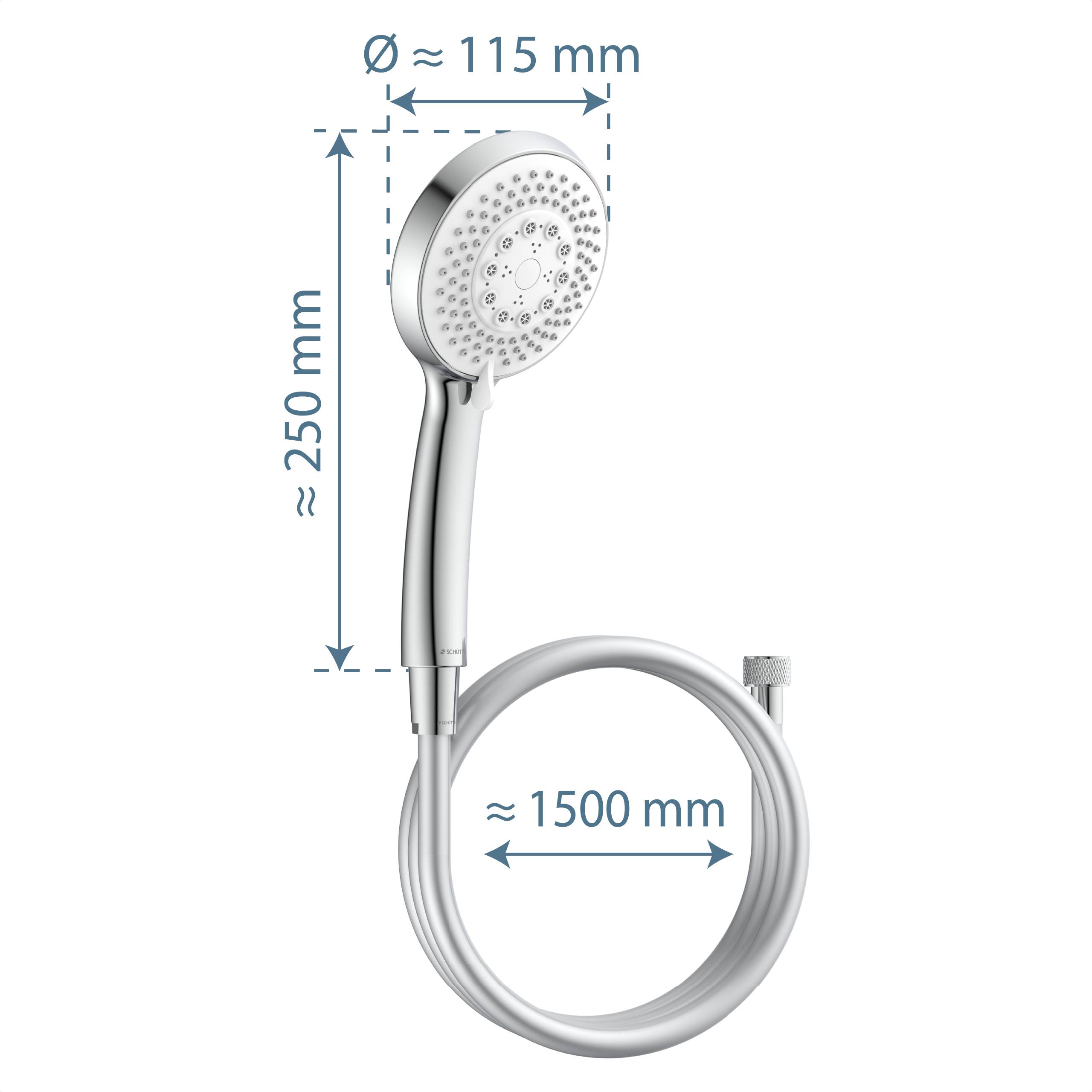 Handbrausegarnitur mit Schlauch. Der Kopfdurchmesser beträgt etwa 115 mm, die Länge liegt bei 250 mm und die Schlauchlänge beträgt 1500 mm.