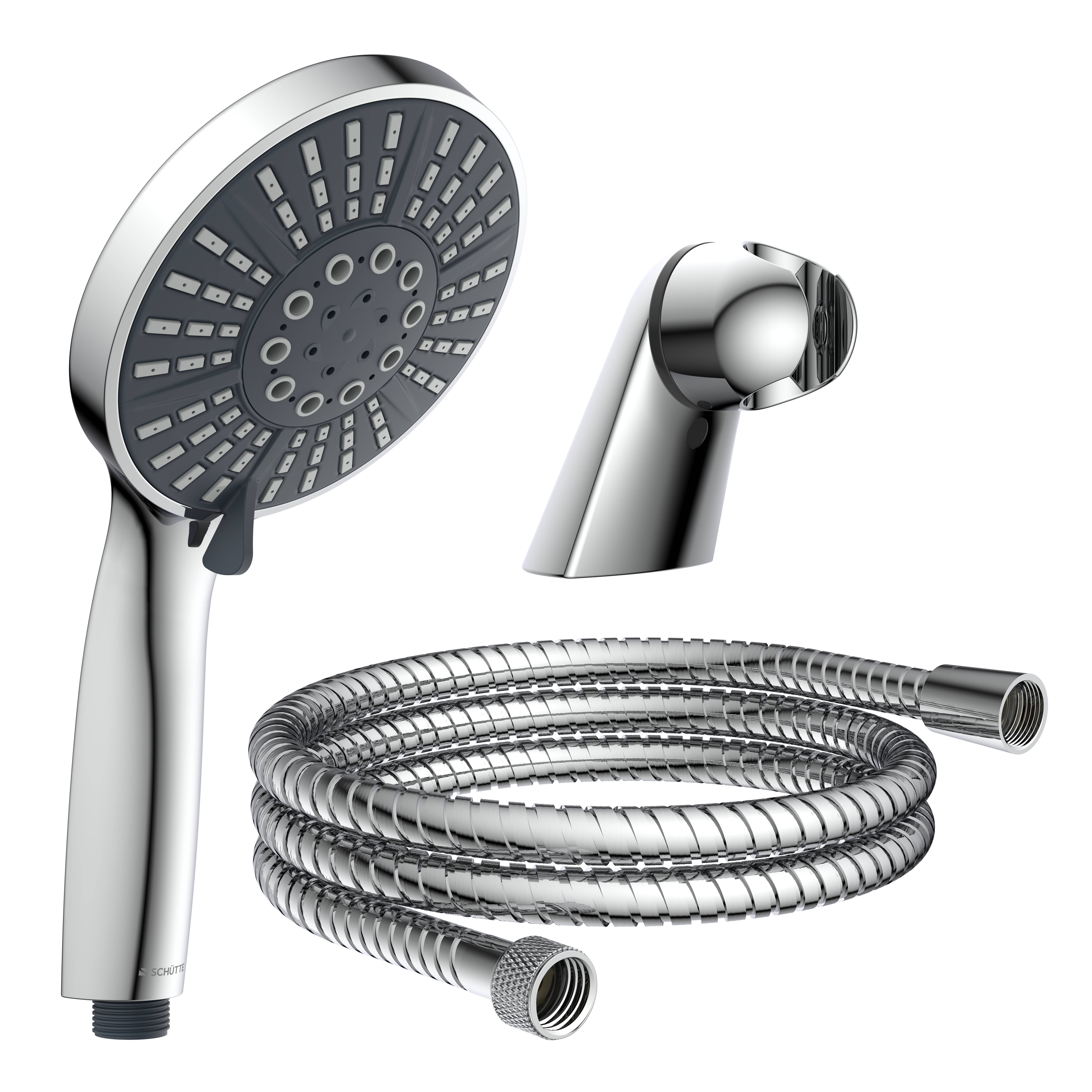 Chromduschset mit Handbrausekopf, Wandhalter und gewundlenem flexiblem Schlauch auf schwarzem Hintergrund.