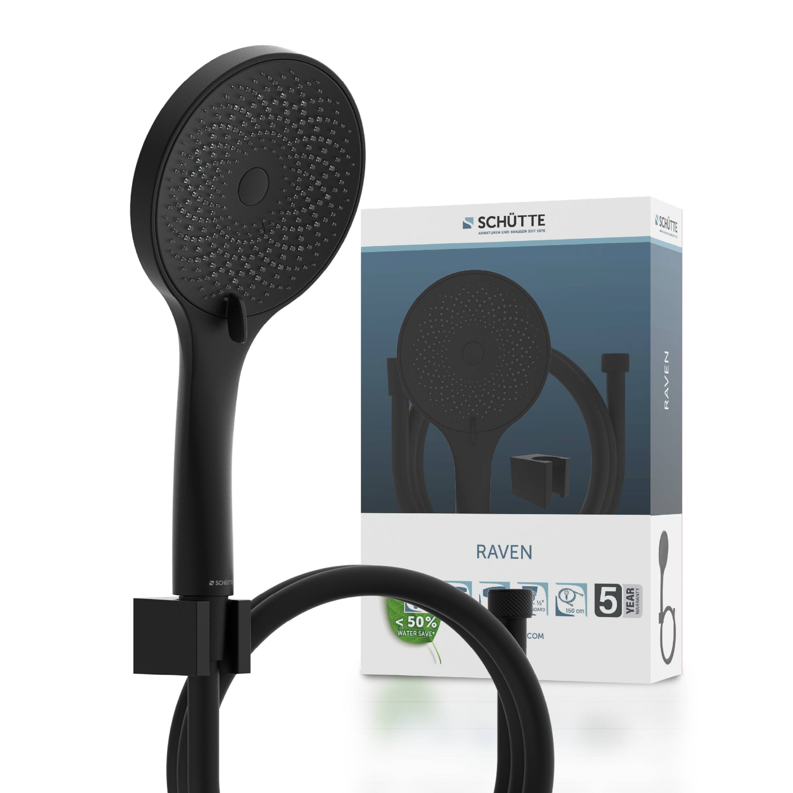 Schwarzer Duschkopf auf einem Ständer mit Schütte Raven-Verpackung im Hintergrund.