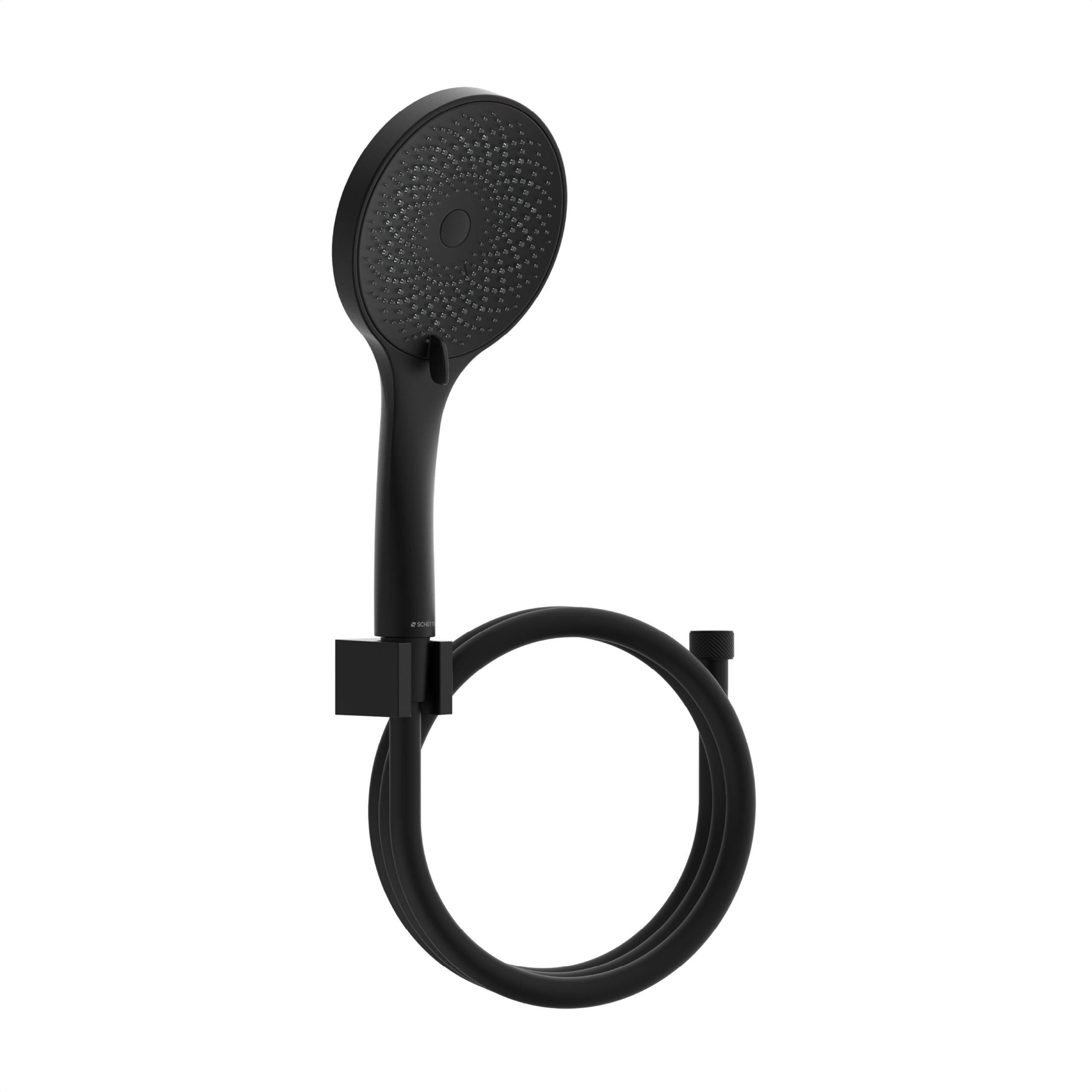 Ein schwarzer tragbarer Duschkopf mit kreisförmiger Sprühfläche und angebundenem flexiblem Schlauch.