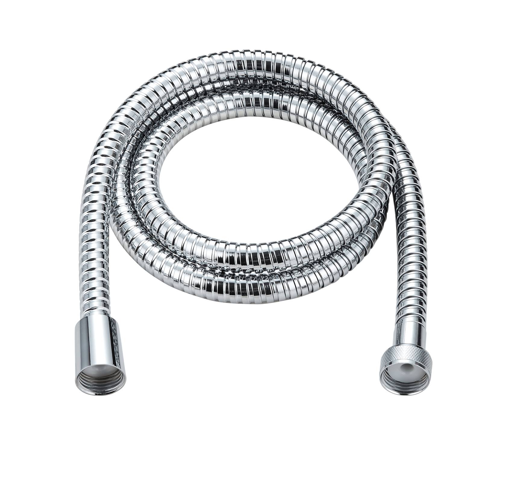 Ein aufgewickelter, flexibler Metallschlauch mit Gewindeenden, geeignet zum Verbinden von Sanitärinstallationen. Die glänzende Oberfläche reflektiert Licht.