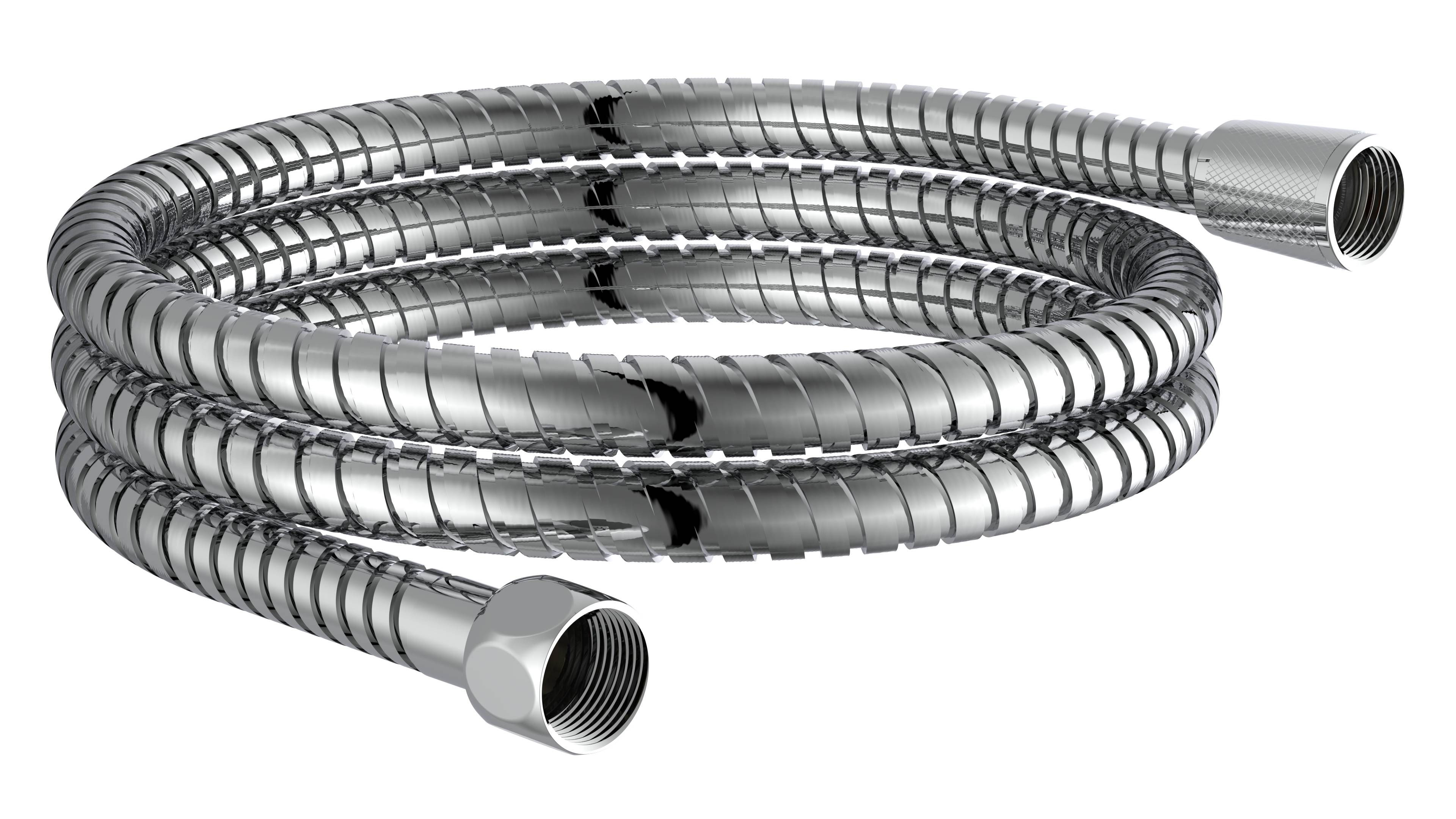 Aufgerollter flexibler Metallschlauch mit Gewindeverbindungen an beiden Enden, gezeigt vor schwarzem Hintergrund.