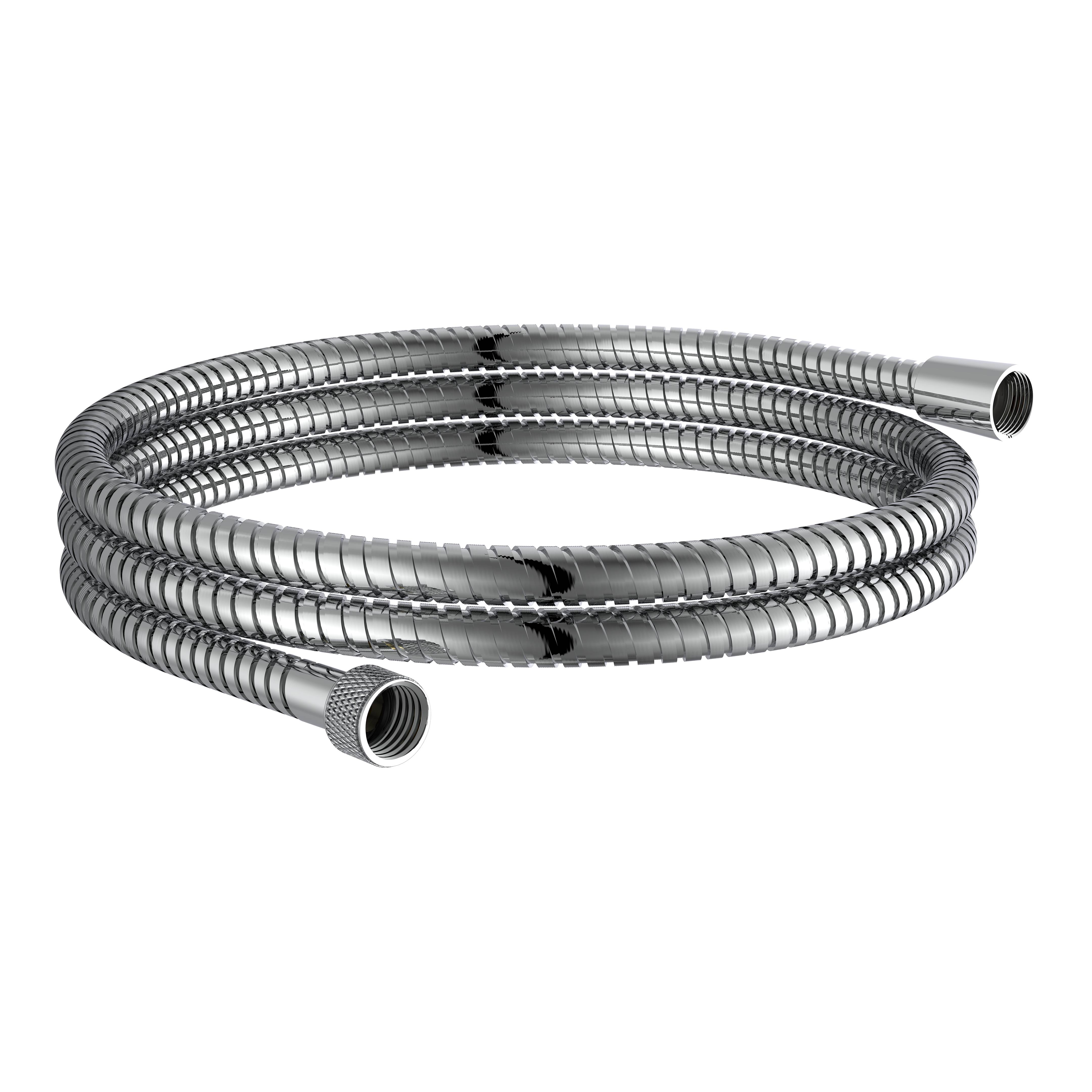 Aufgerollter silberner flexibler Metallschlauch mit Gewindeverbindungen an beiden Enden, dargestellt vor schwarzem Hintergrund.