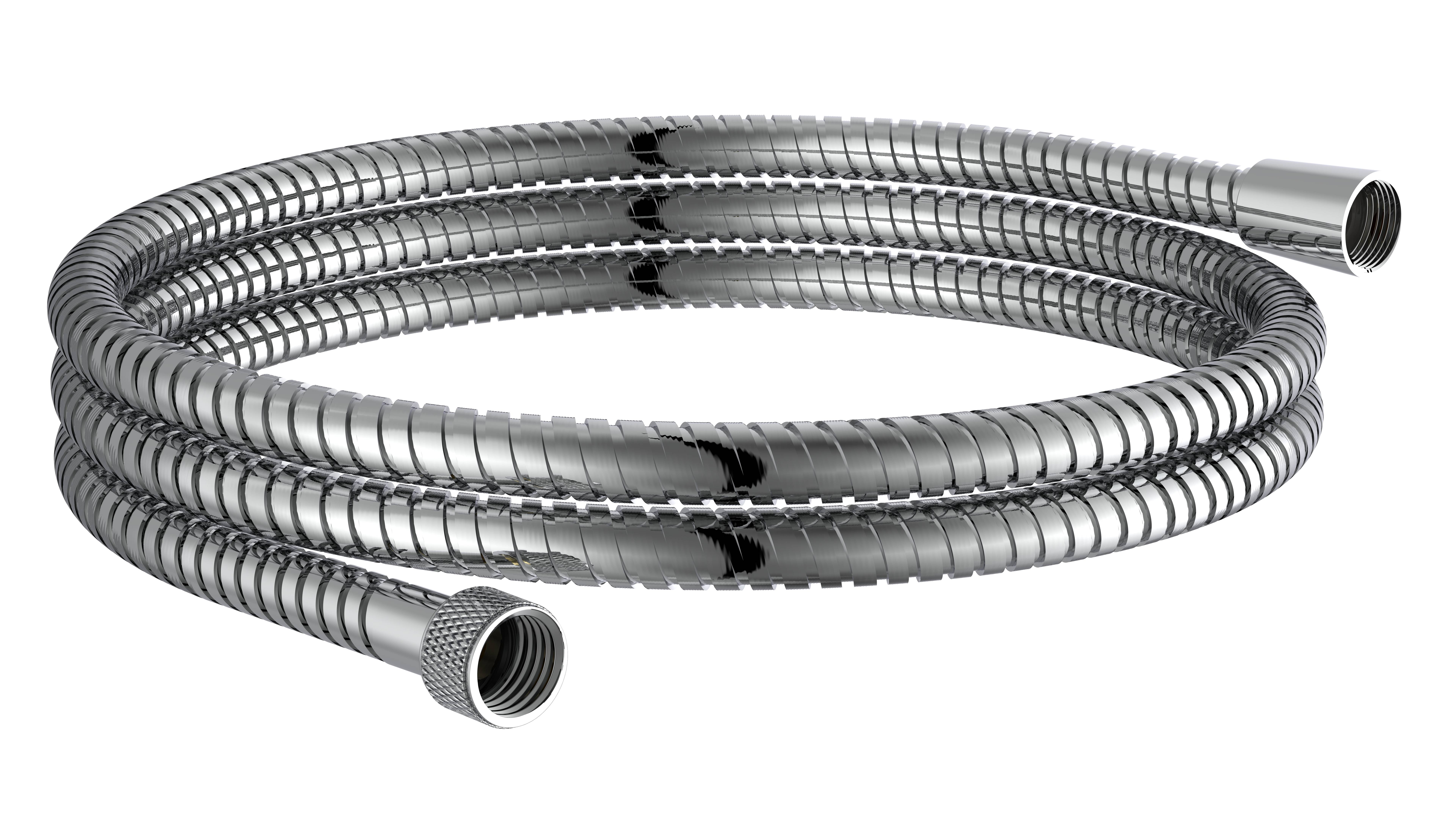 Aufgerollter silberner flexibler Metallschlauch mit Gewindeverbindungen an beiden Enden, gezeigt auf schwarzem Hintergrund.