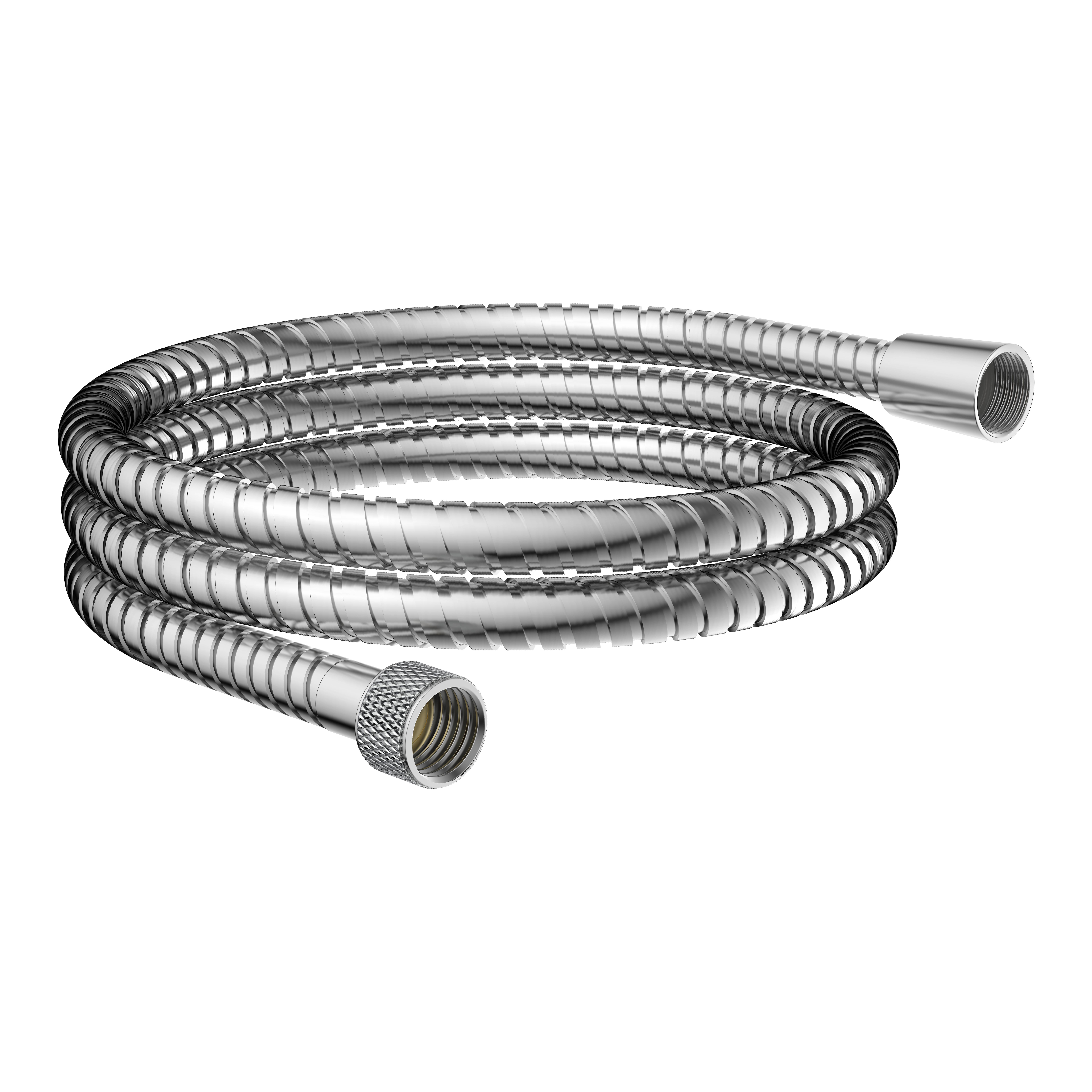Aufgerollter silberner flexibler Metallschlauch mit Gewindeverbindungen an beiden Enden, vor schwarzem Hintergrund dargestellt.