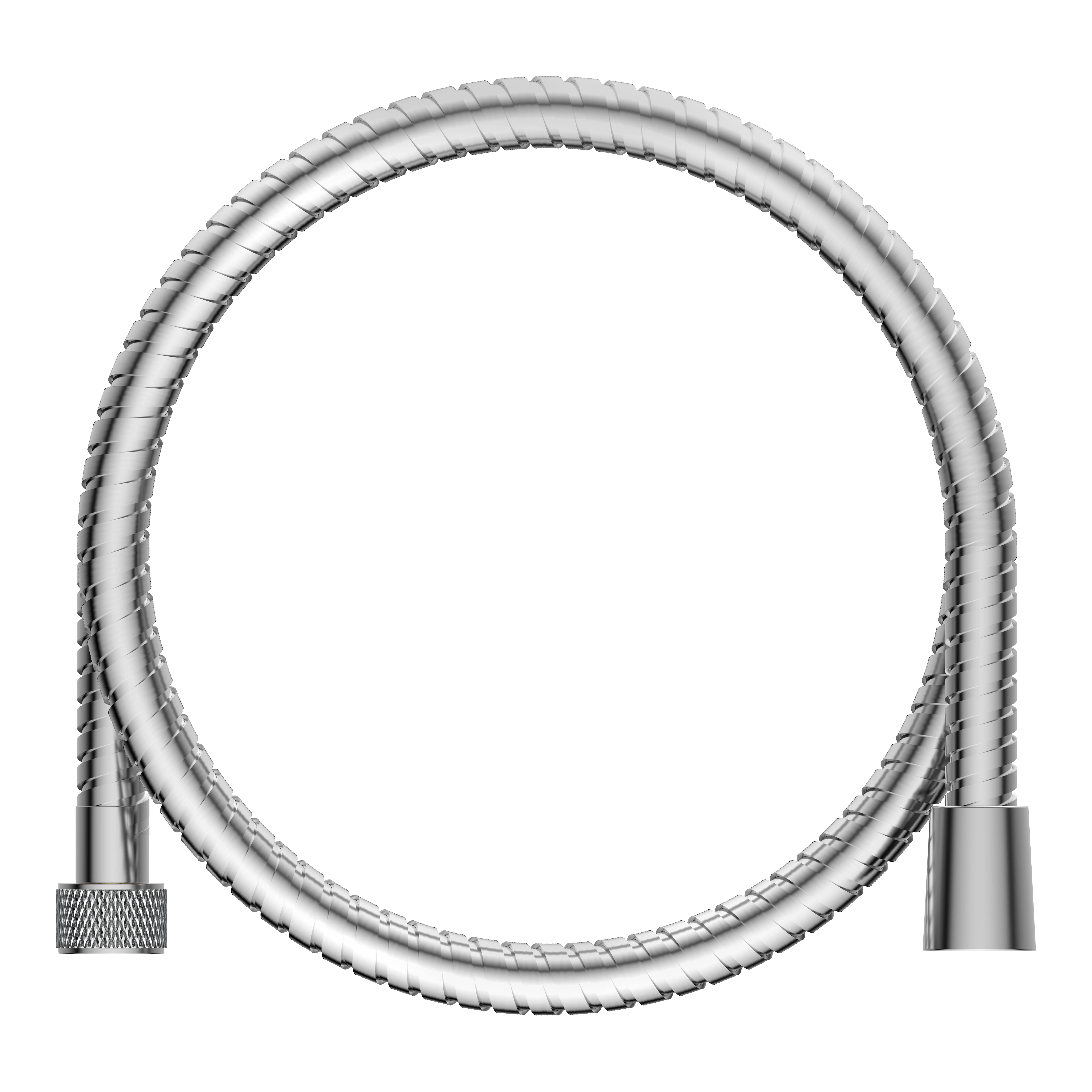 Ein flexibler, metallischer Duschschlauch, der in einer Kreisform aufgewickelt gegen einen schwarzen Hintergrund liegt, wobei seine Textur und sein Design hervorgehoben werden.