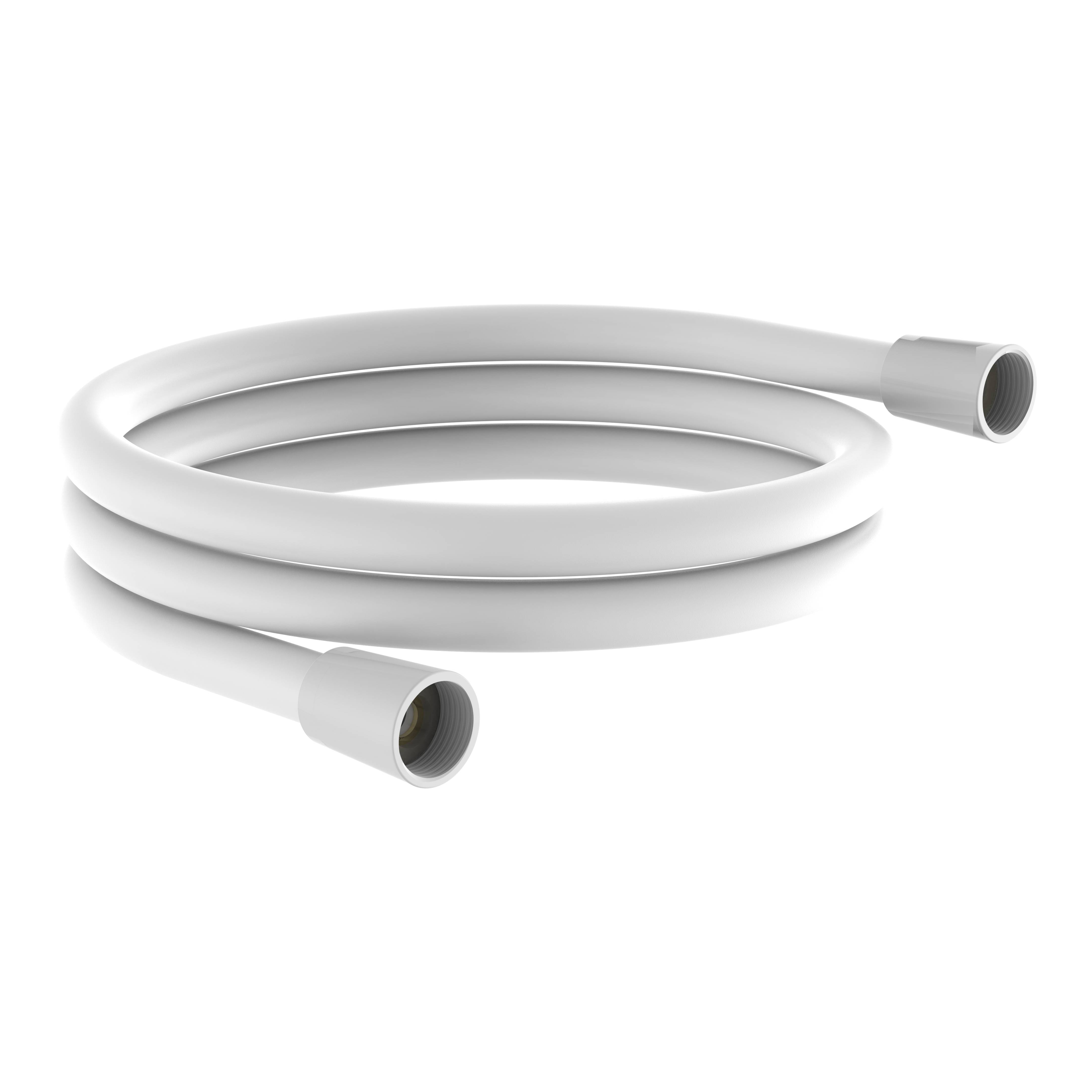 Aufgerollter verchromter Duschschlauch auf schwarzem Hintergrund.