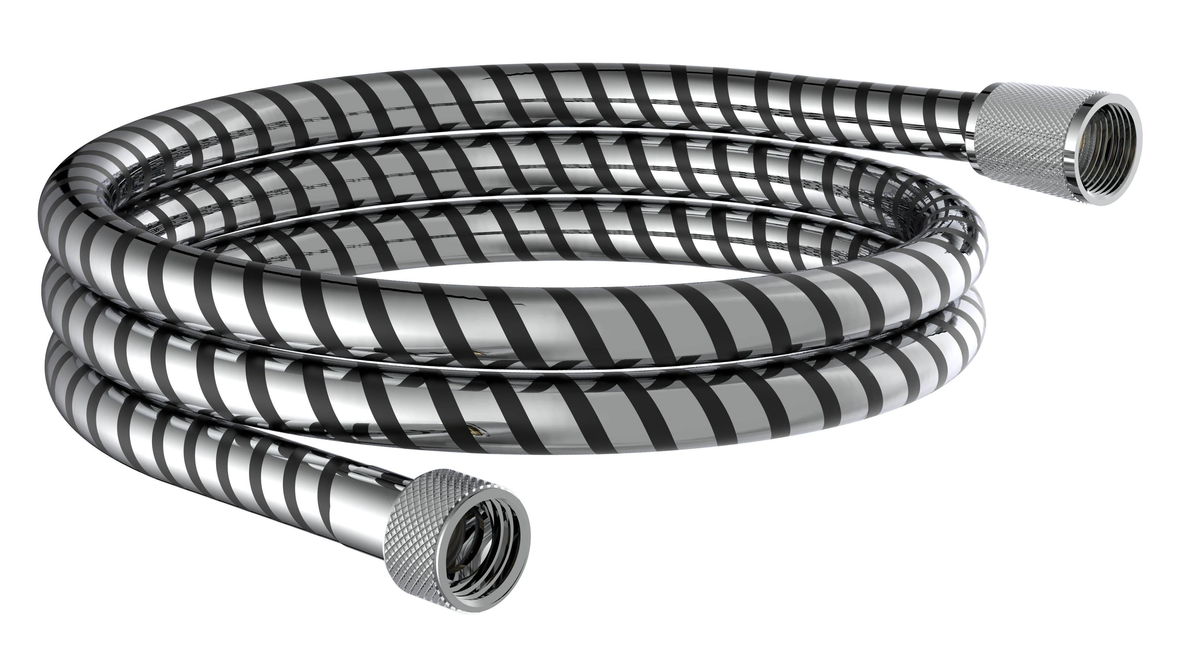 Ein Nahaufnahmebild eines aufgerollten, flexiblen Metallschlauchs mit schwarzen Streifen, das seine glänzende, langlebige Oberfläche und das Gewindeverbindungsende hervorhebt.