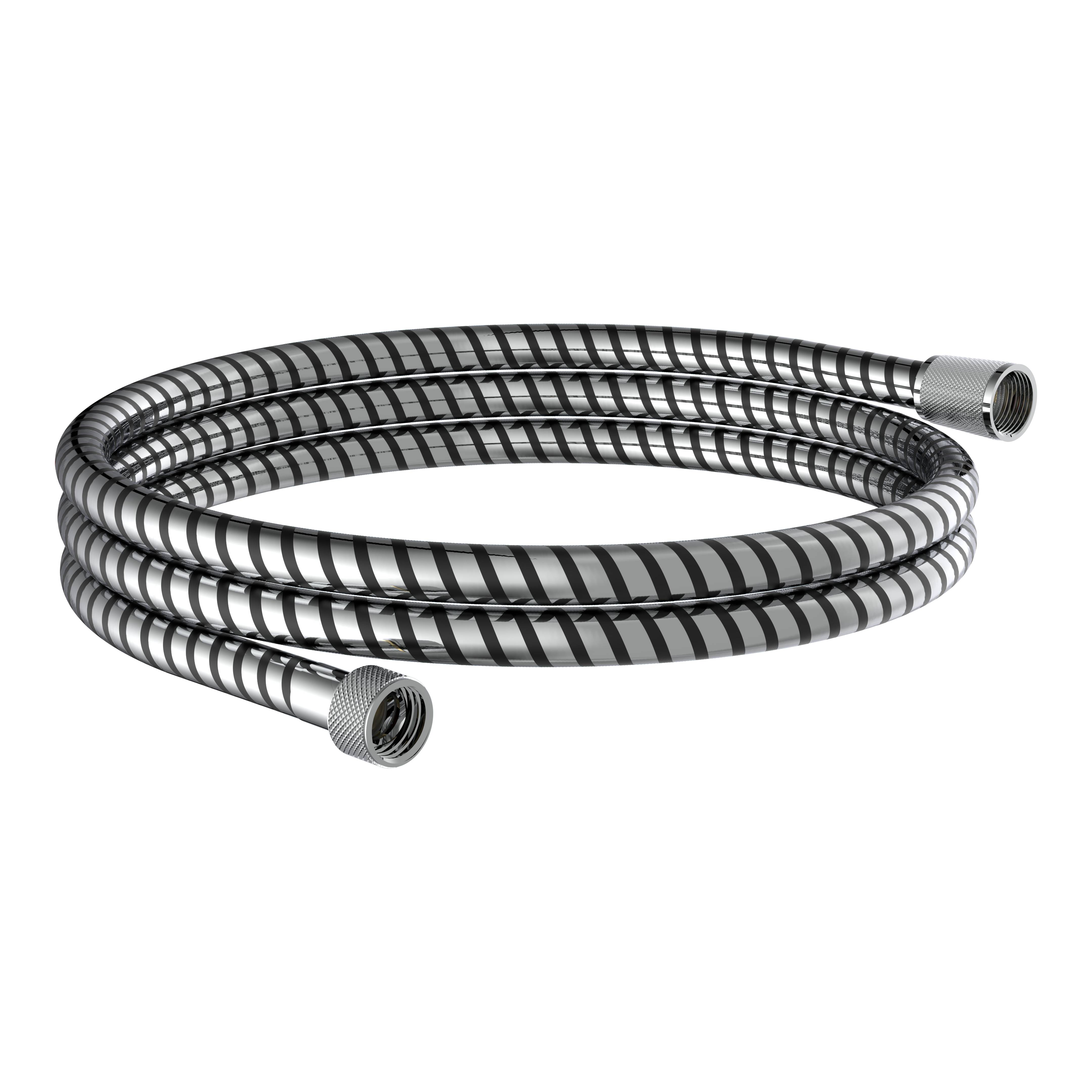 Aufgerollter silberner flexibler Metallschlauch mit Gewinde-Anschlüssen auf schwarzem Hintergrund.