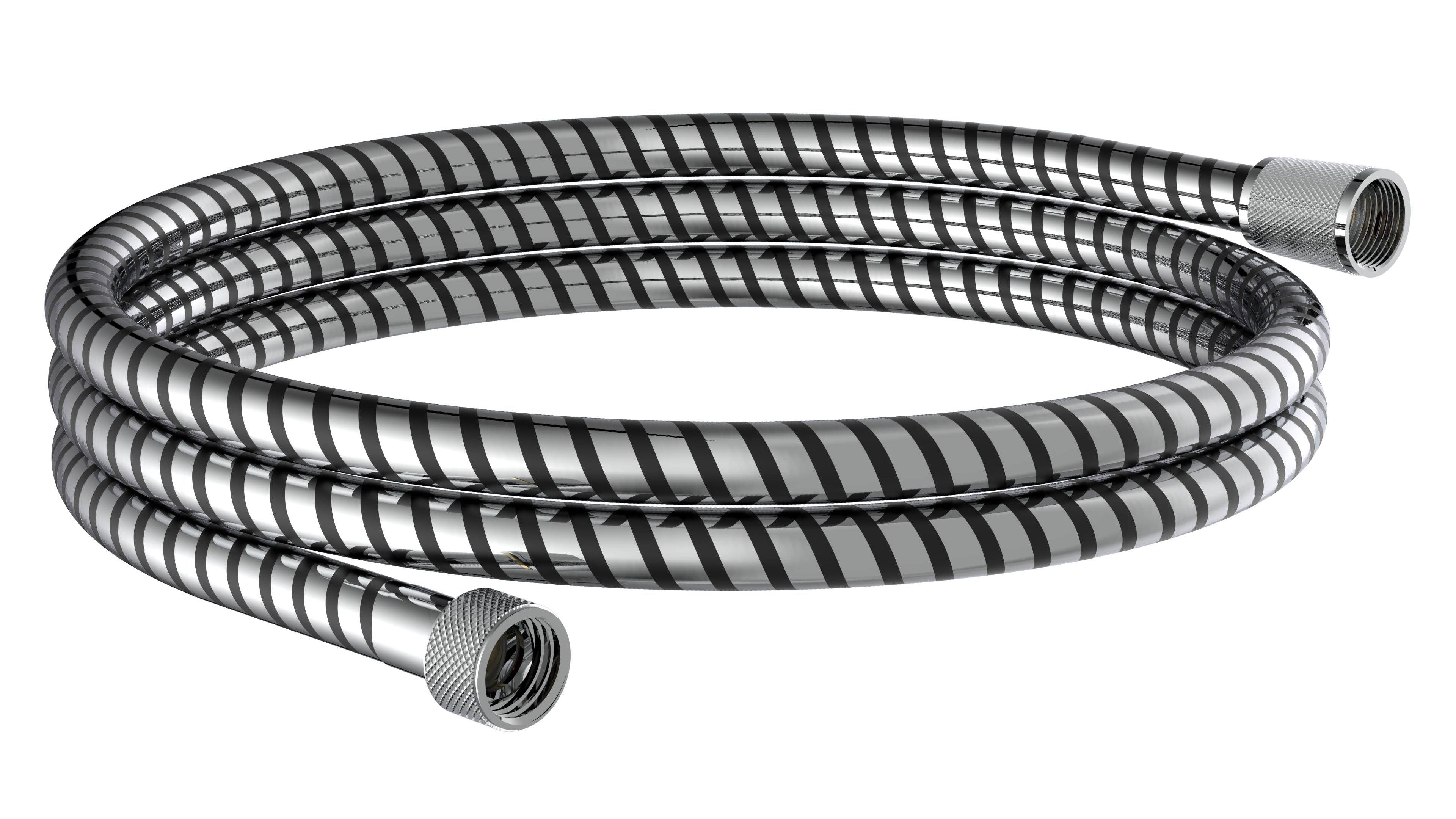 Ein aufgerollter Metallbrauseschlauch mit Chromoberfläche liegt vor einem schwarzen Hintergrund, der seine Flexibilität und glänzende Textur hervorhebt.