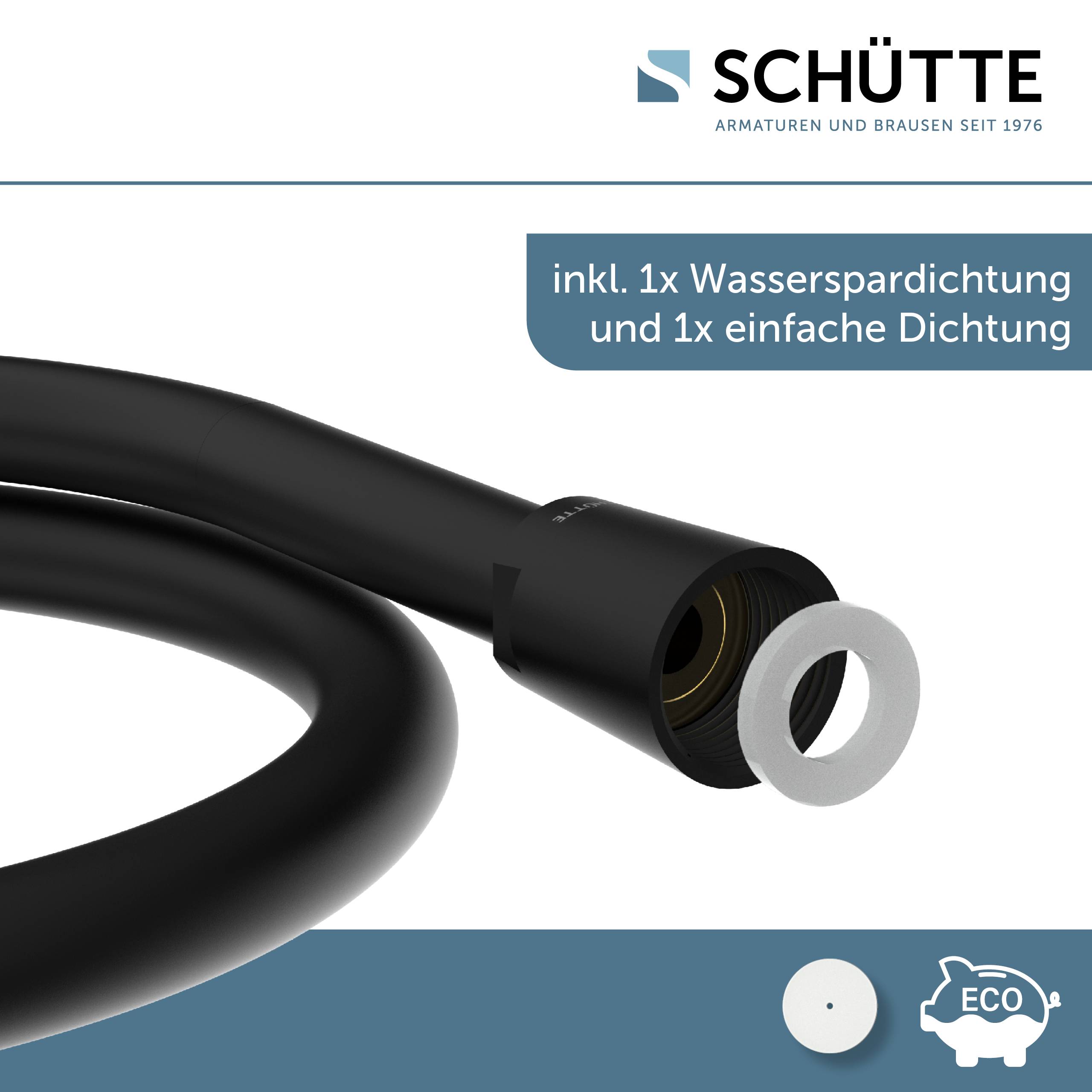 Ein schwarzer Schlauch mit universalem Adapter und beiliegenden Unterlegscheiben für die Sanitärinstallation, mit Wasser sparenden und Standard-Dichtungsoptionen.