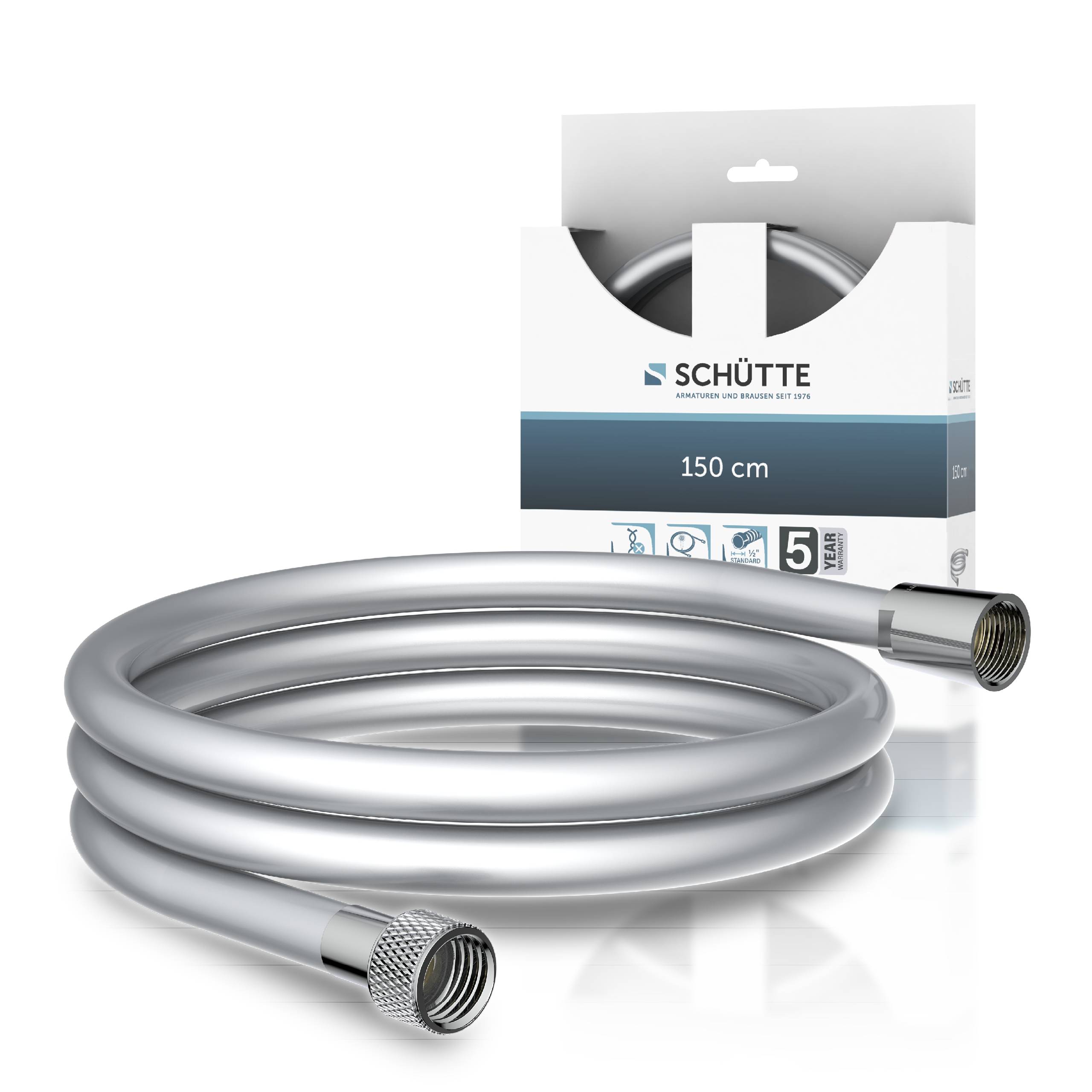 Ein 150 cm langes Brauseschlauch von Schütte mit metallischer Oberfläche, aufgerollt neben seiner Verpackung mit einem 5-Jahres-Garantie-Etikett dargestellt.