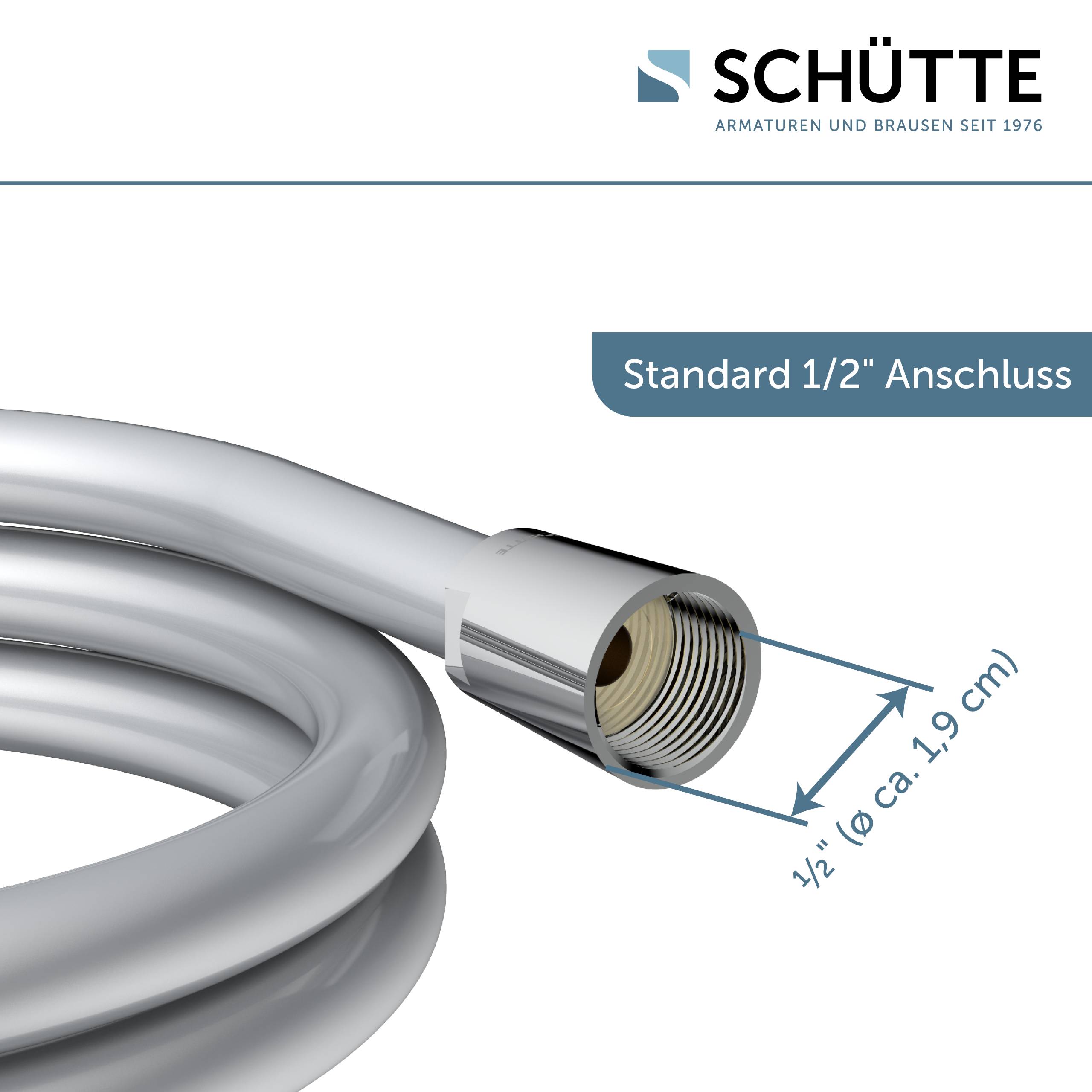 Ein aufgerollter Metall-Duschschlauch, gekennzeichnet mit der Standardverbindungsgröße 1/2 Zoll, entworfen von Schütte.