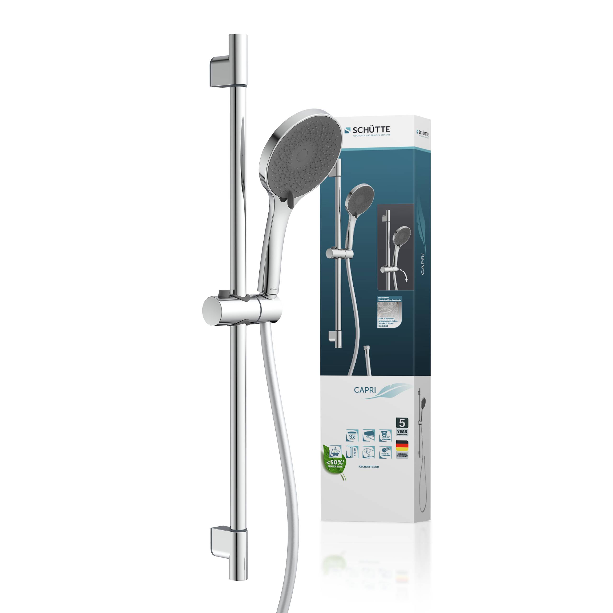 Handbrause mit verstellbarer Schiene, abgebildet neben ihrer Schachtelverpackung, wobei Merkmale wie umweltfreundliche Wassereinsparung hervorgehoben werden.