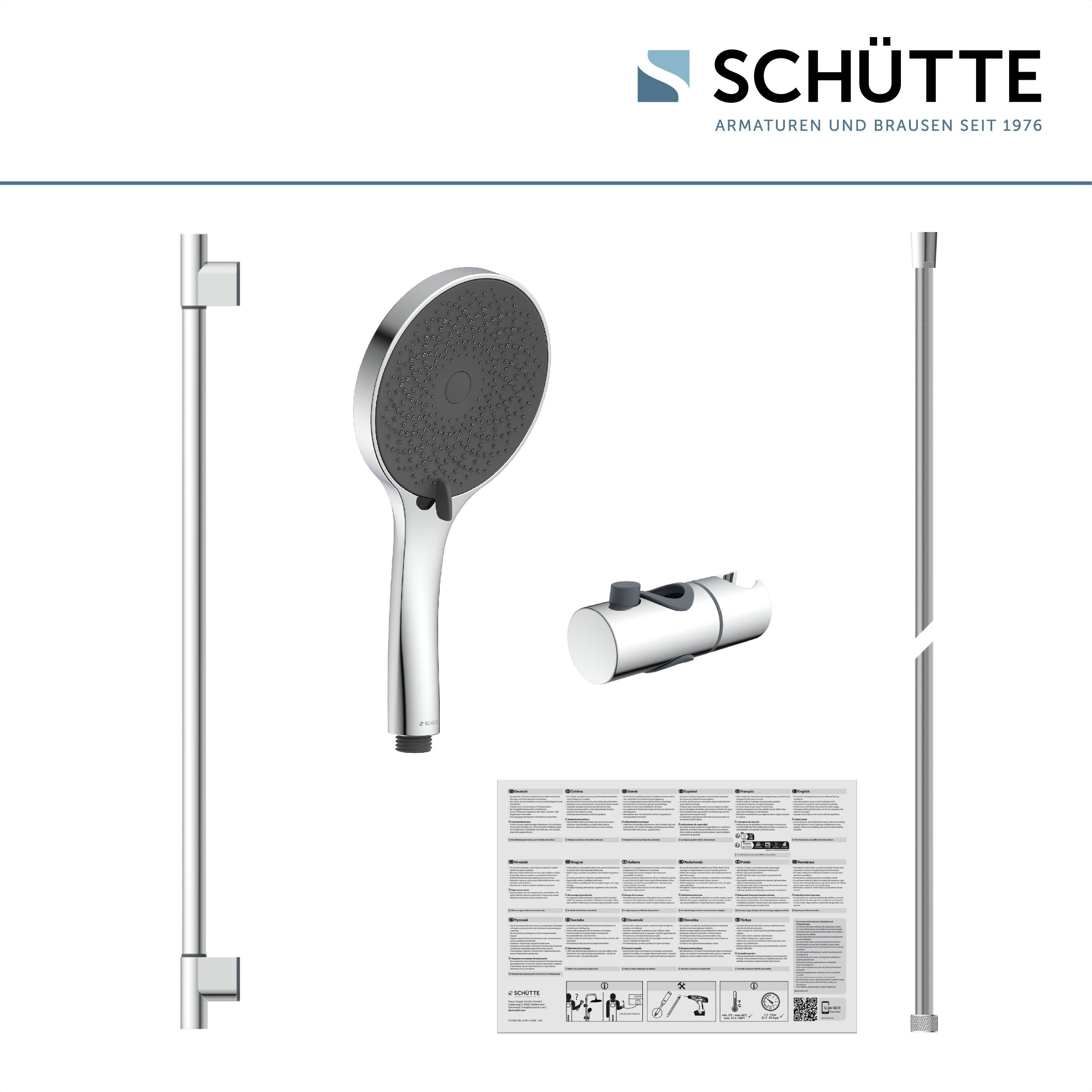 Duschset-Komponenten angezeigt, einschließlich einer Handbrause, Montageklammer, Schiene, Schlauch, Bedienungsanleitung und Markenlogo 'SCHÜTTE'.