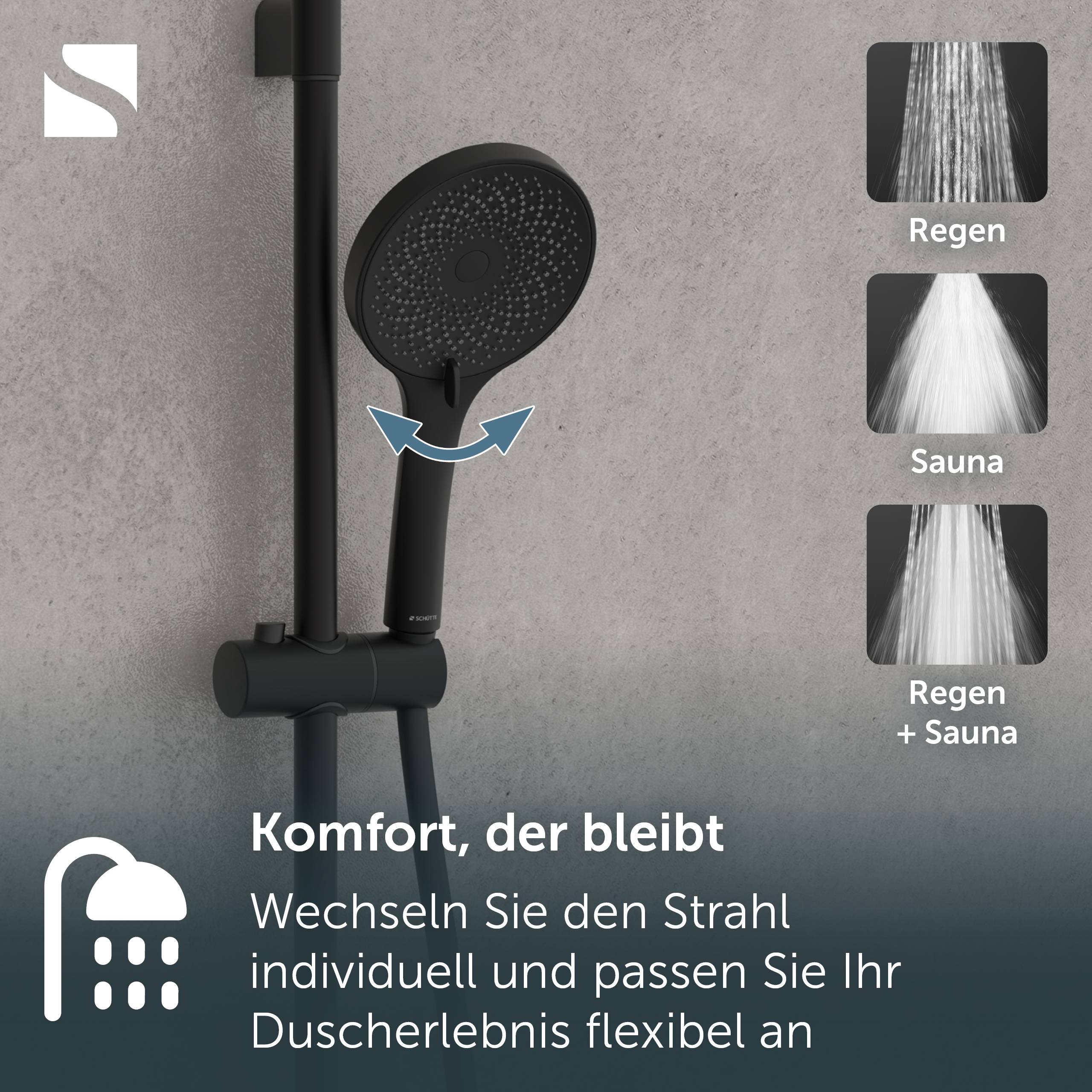 Schwarzer tragbarer Duschkopf mit verstellbaren Sprüheinstellungen; deutscher Text besagt, dass Komfort anhält und der Strahl individuell umgeschaltet werden kann für ein flexibles Duscherlebnis.