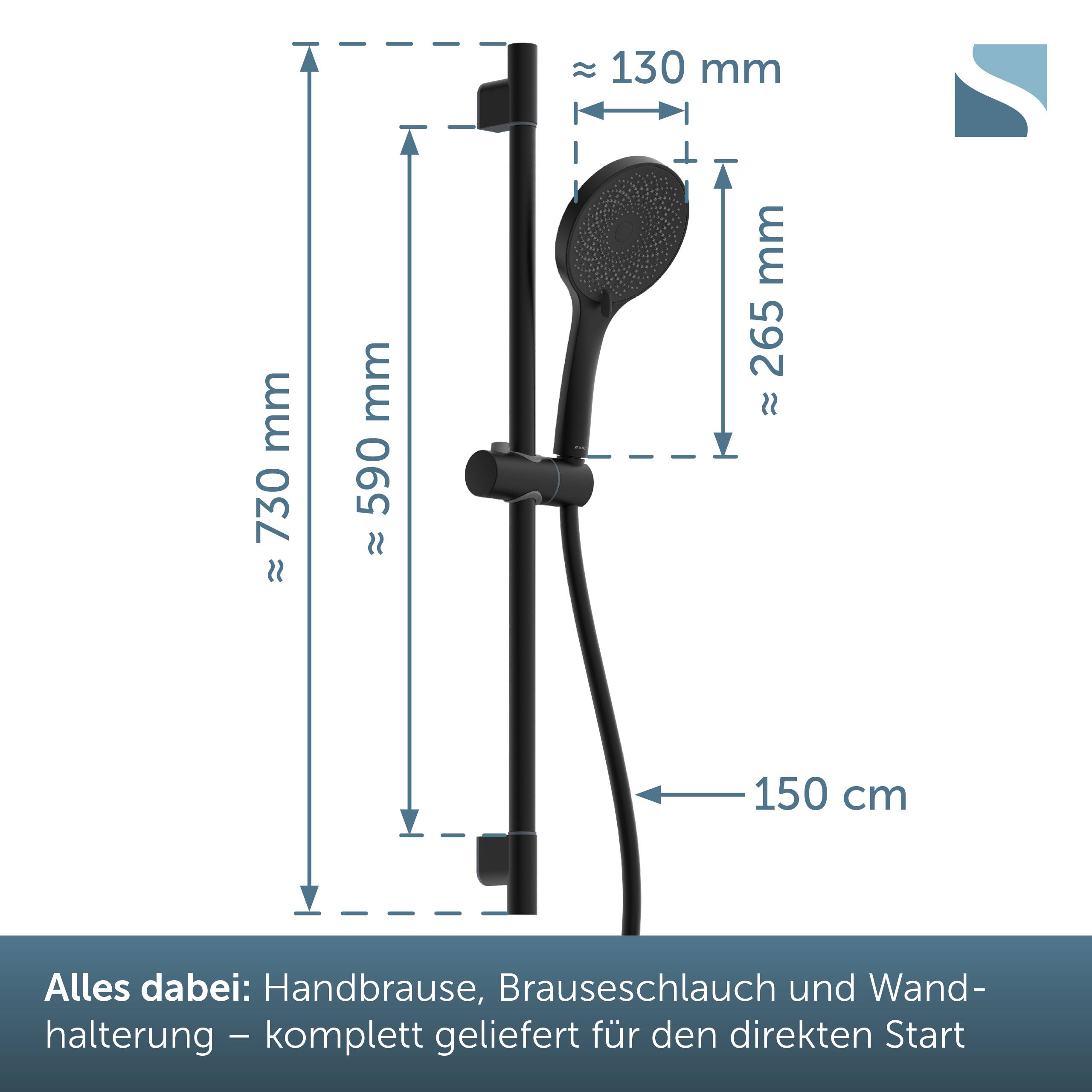 Duschgarnitur-Diagramm mit Handbrause, Schlauch und Wandhalter mit Abmessungen: 730 mm Gesamthöhe, 590 mm Schiene, 265 mm Duschkopf, 130 mm Breite, 150 cm Schlauch; enthält deutsche Beschriftung über enthaltene Teile.