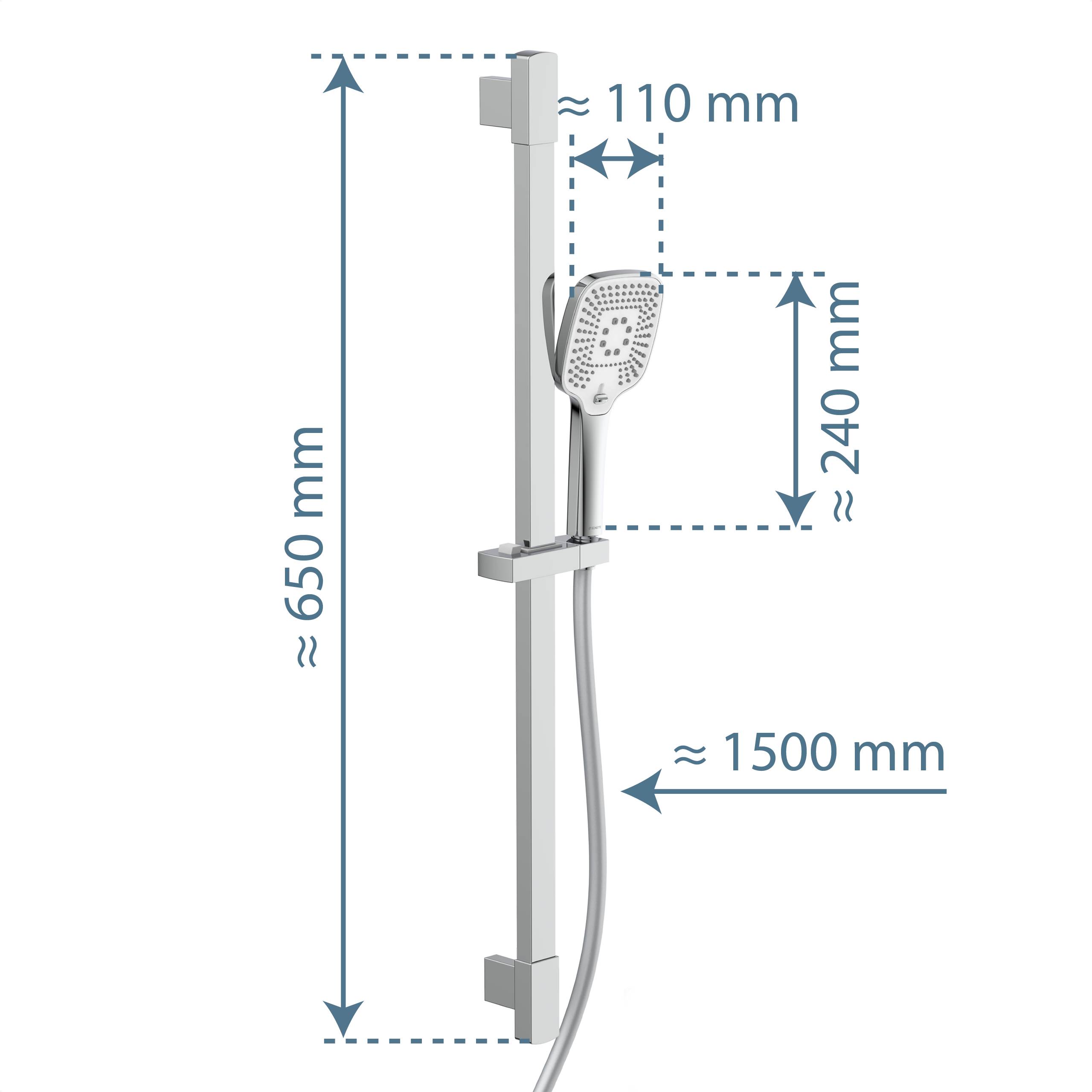 „Verstellbarer tragbarer Duschkopf an einer Schiene montiert; angegebene Abmessungen: Gesamthöhe 650 mm, Duschkopf 240 mm, Schlauch 1500 mm.