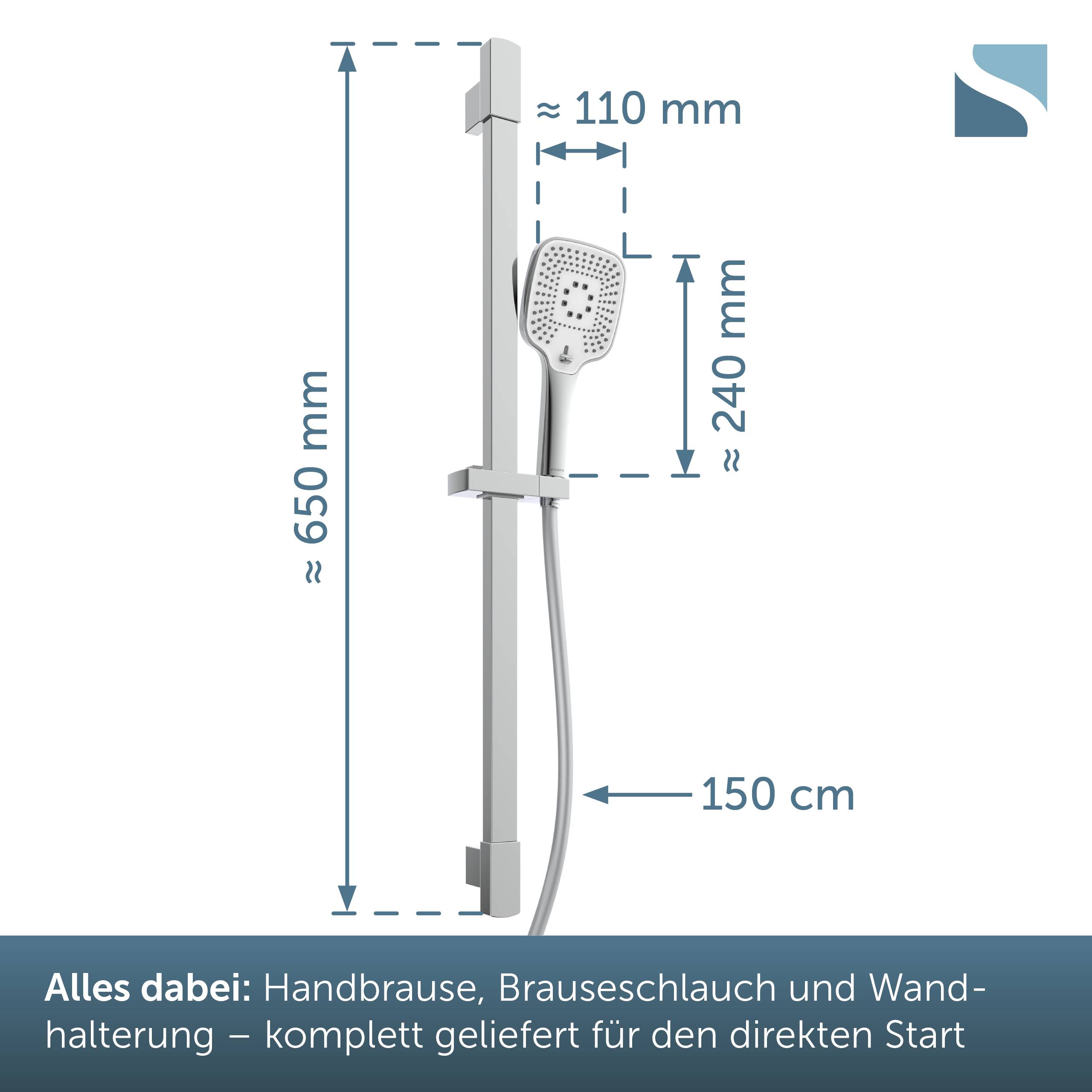 Duschset mit Handbrause, Schlauch und Wandhalter; Abmessungen wie dargestellt: 650 mm Gesamthöhe, 240 mm Duschkopf, 110 mm Breite, 150 cm Schlauch.