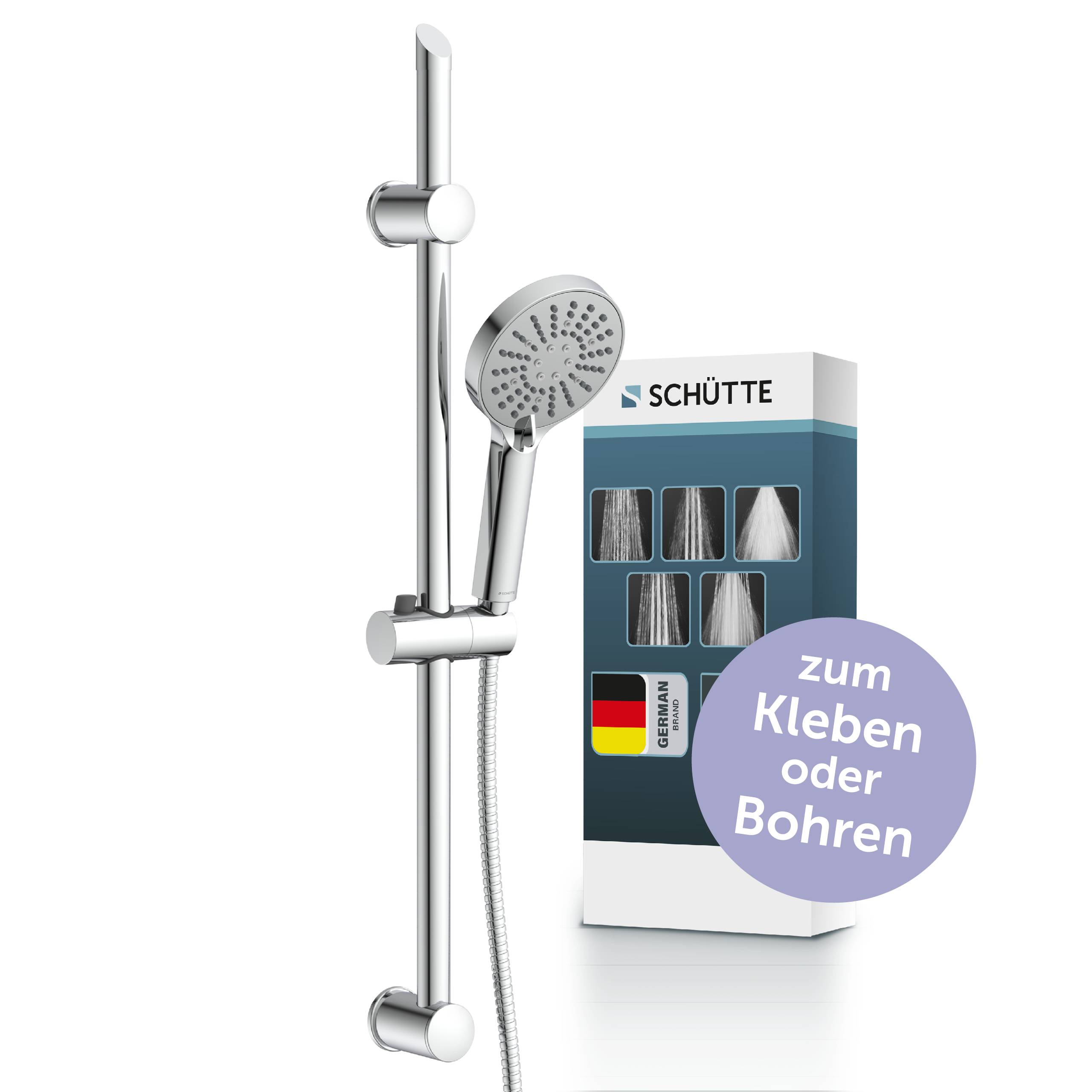 Chromglanz-Duschstange mit Handbrause und Verpackung mit SCHÜTTE-Etikett; das Abzeichen liest sich 