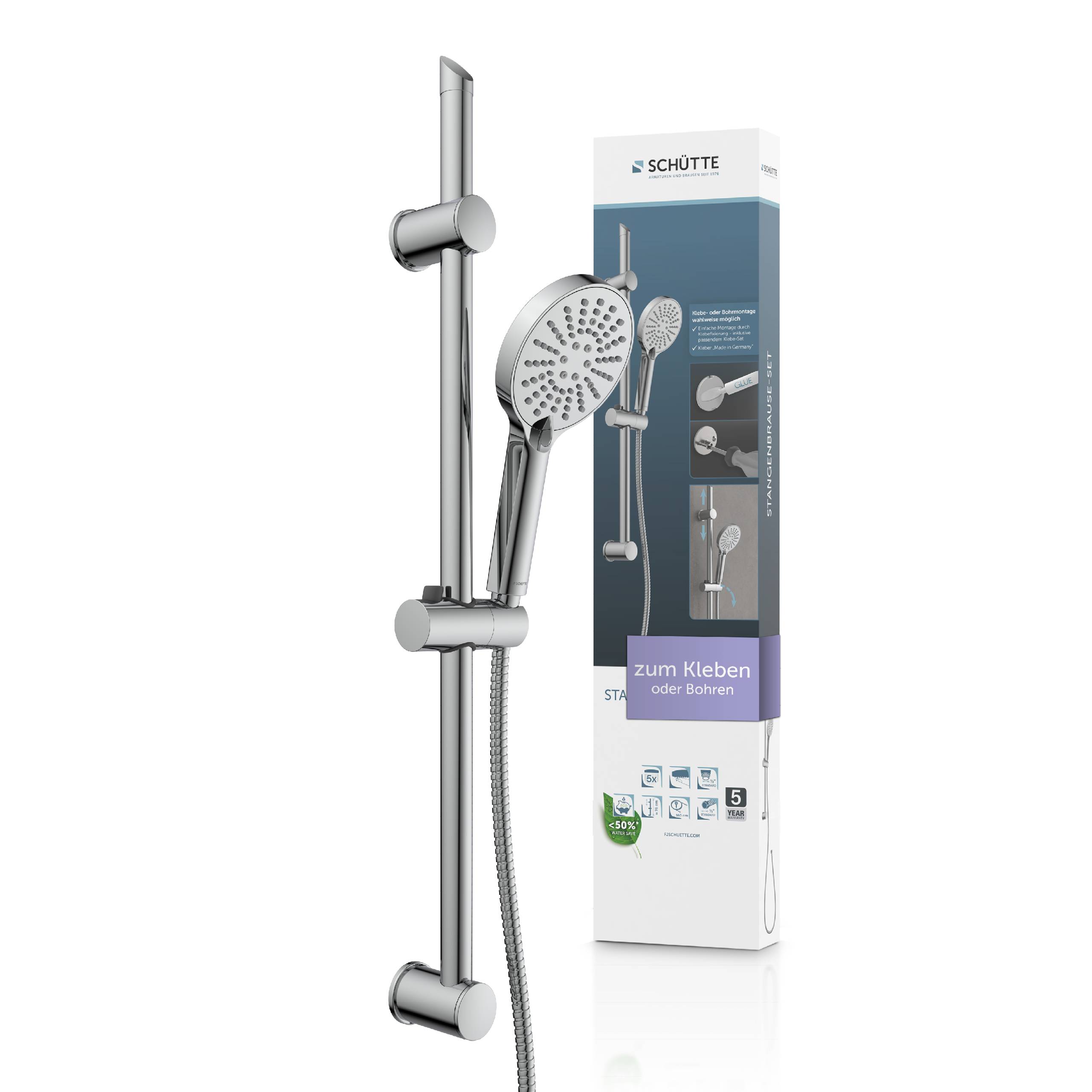 Ein silberner Duschkopf-Set mit einer verstellbaren Schiene wird neben seiner Verpackung gezeigt, die Anweisungen auf Deutsch und Produktbilder enthält.