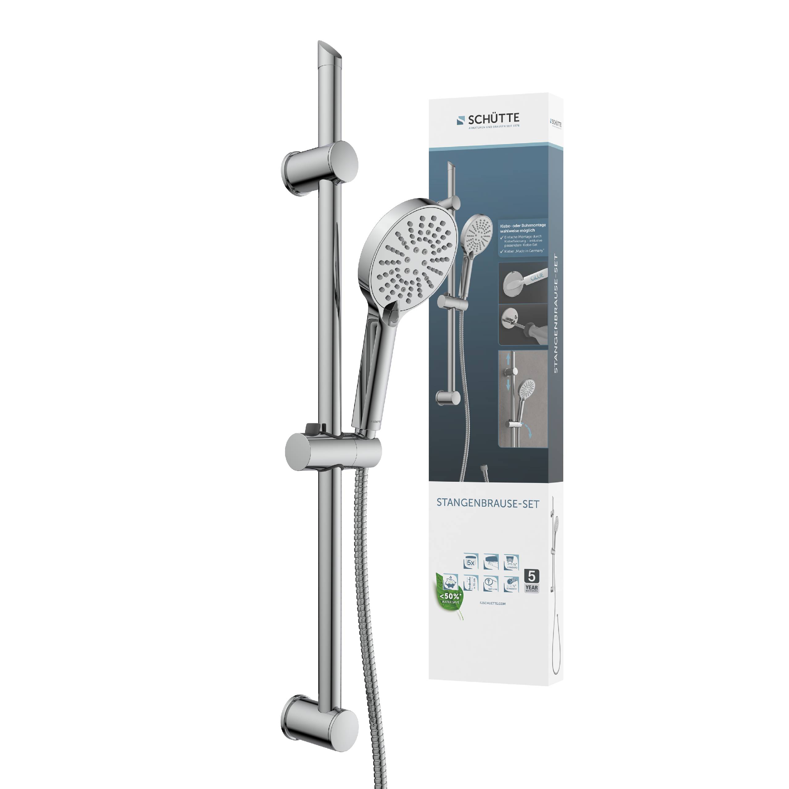 Duschset bestehend aus verstellbarem verchromtem Duschkopf, Schlauch und Befestigungsstange. Die Verpackung zeigt das Markenlogo und das Produktbild.