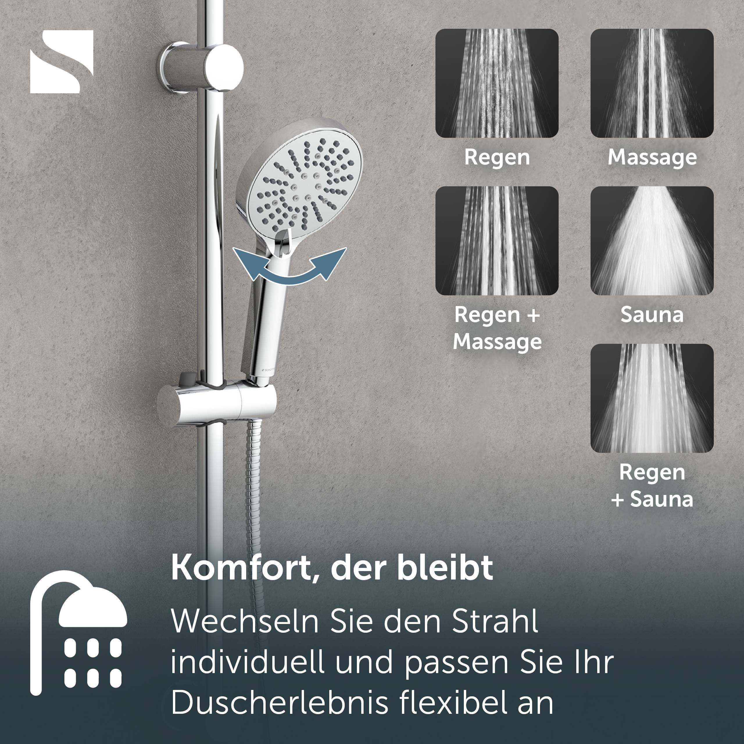 Duschkopf mit verstellbaren Sprüheinstellungen; Symbole zeigen Regen, Massage, Regen + Massage, Sauna und Regen + Sauna. Text: „Komfort, der bleibt