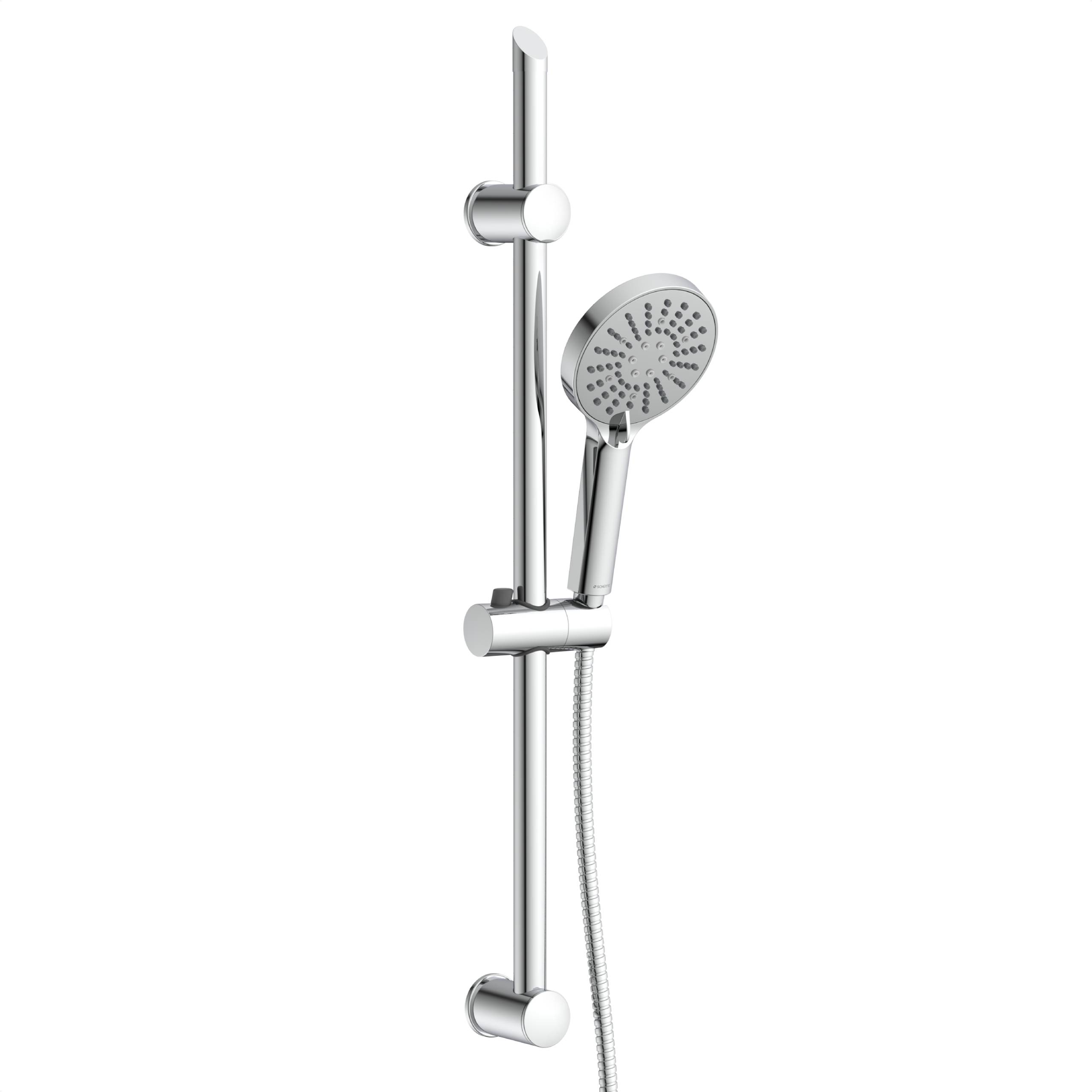 Verchromte Duschstange mit verstellbarem Handbrausekopf und Schlauch auf weißem Hintergrund.