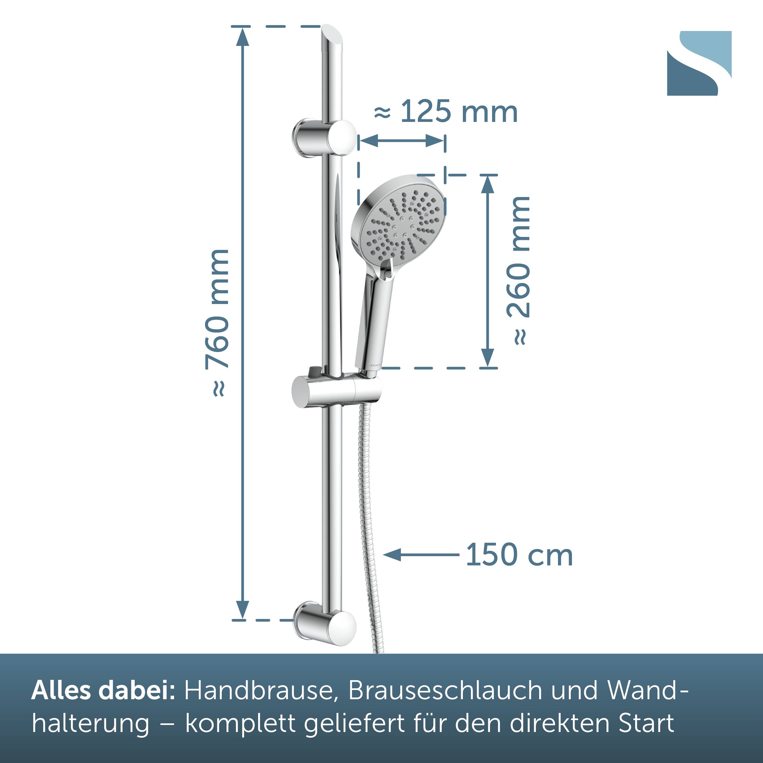 Duschstangenset mit Handbrause, Schlauch und Wandhalterung; abgebildete Abmessungen: 760 mm Höhe, 125 mm Breite, 260 mm Brausekopfhöhe, 150 cm Schlauch.