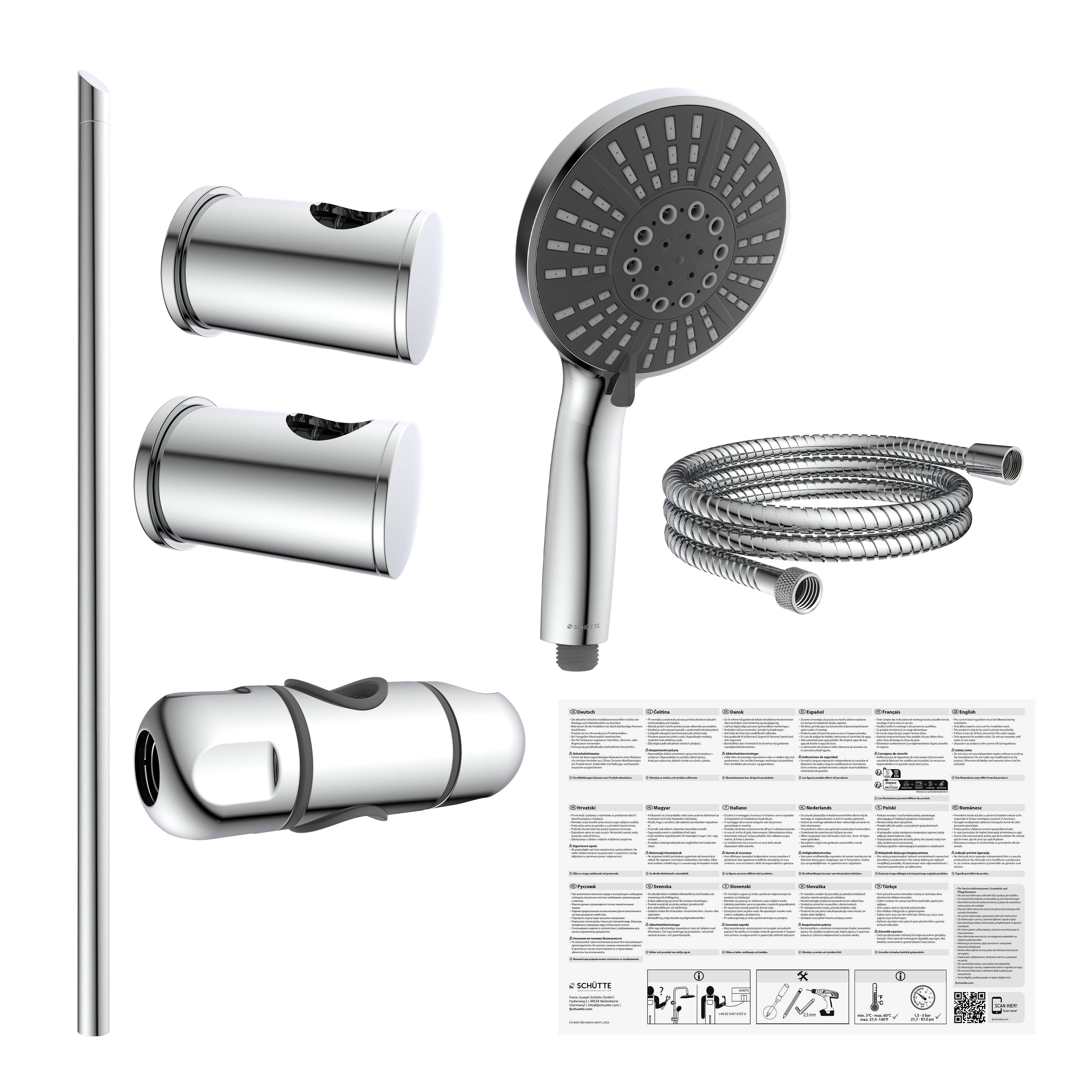 Duschset-Komponenten auf schwarzem Hintergrund gezeigt: Gleitleiste, zwei Wandhalterungen, Handbrause, flexibler Schlauch, Halter und Bedienungsanleitung.