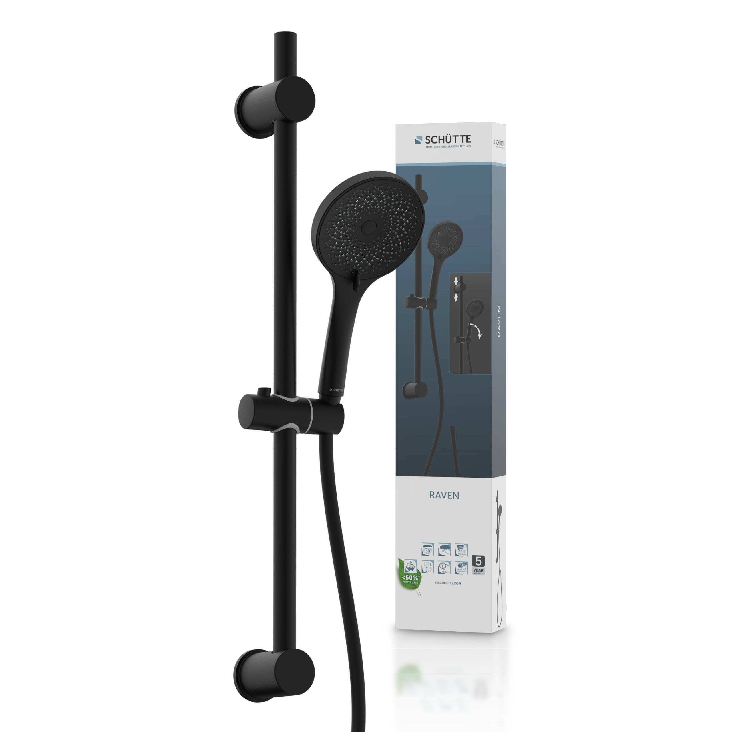 Schwarzes Duschset mit verstellbarer Schiene und abnehmbarem Duschkopf, verpackt in einer Schachtel. Markenname 