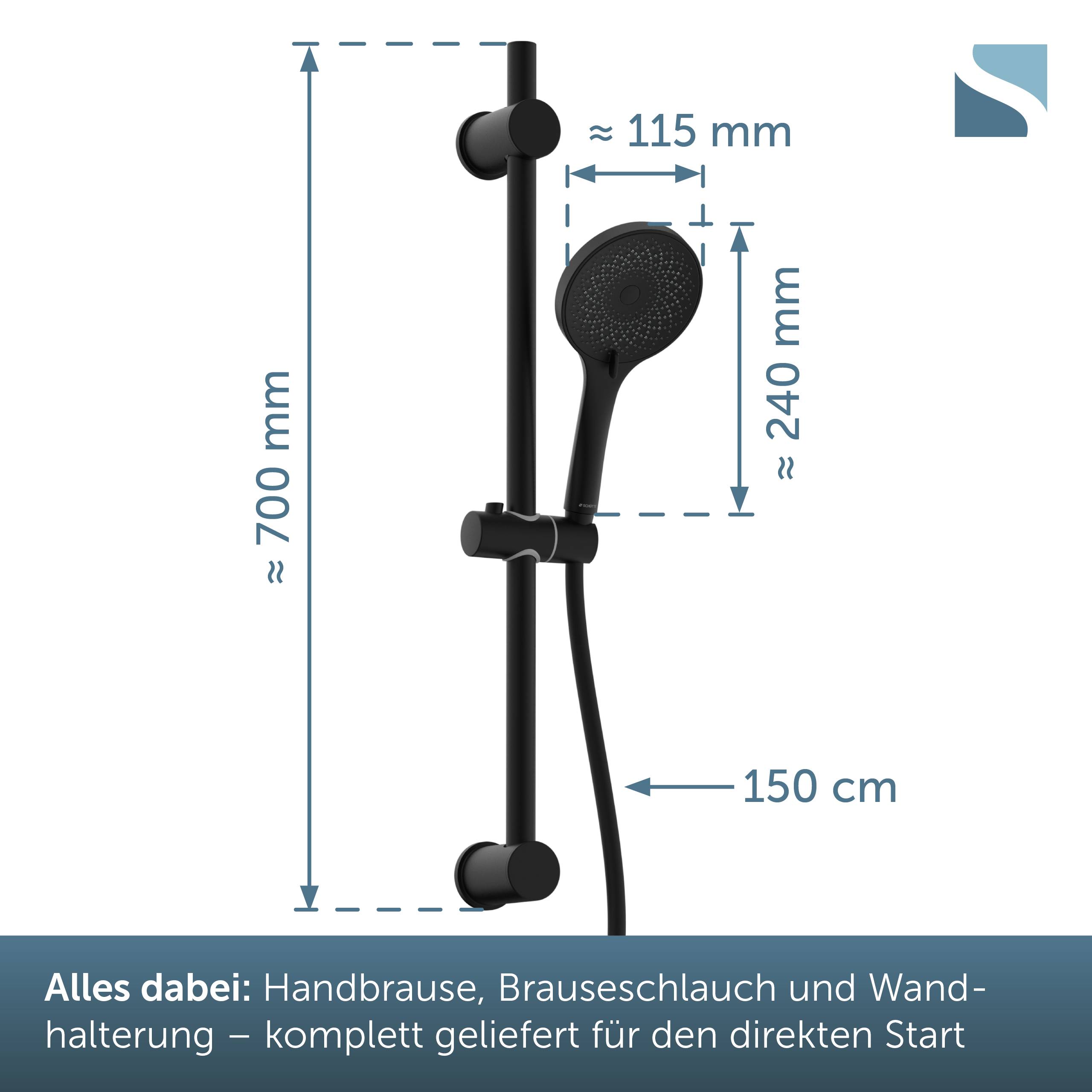 Diagramm einer schwarzen Duschstange mit Handbrause, Schlauch und Wandhalterung; angegebene Abmessungen: 700 mm Stangenhöhe, 240 mm Duschkopf, 115 mm Breite, 150 cm Schlauch.