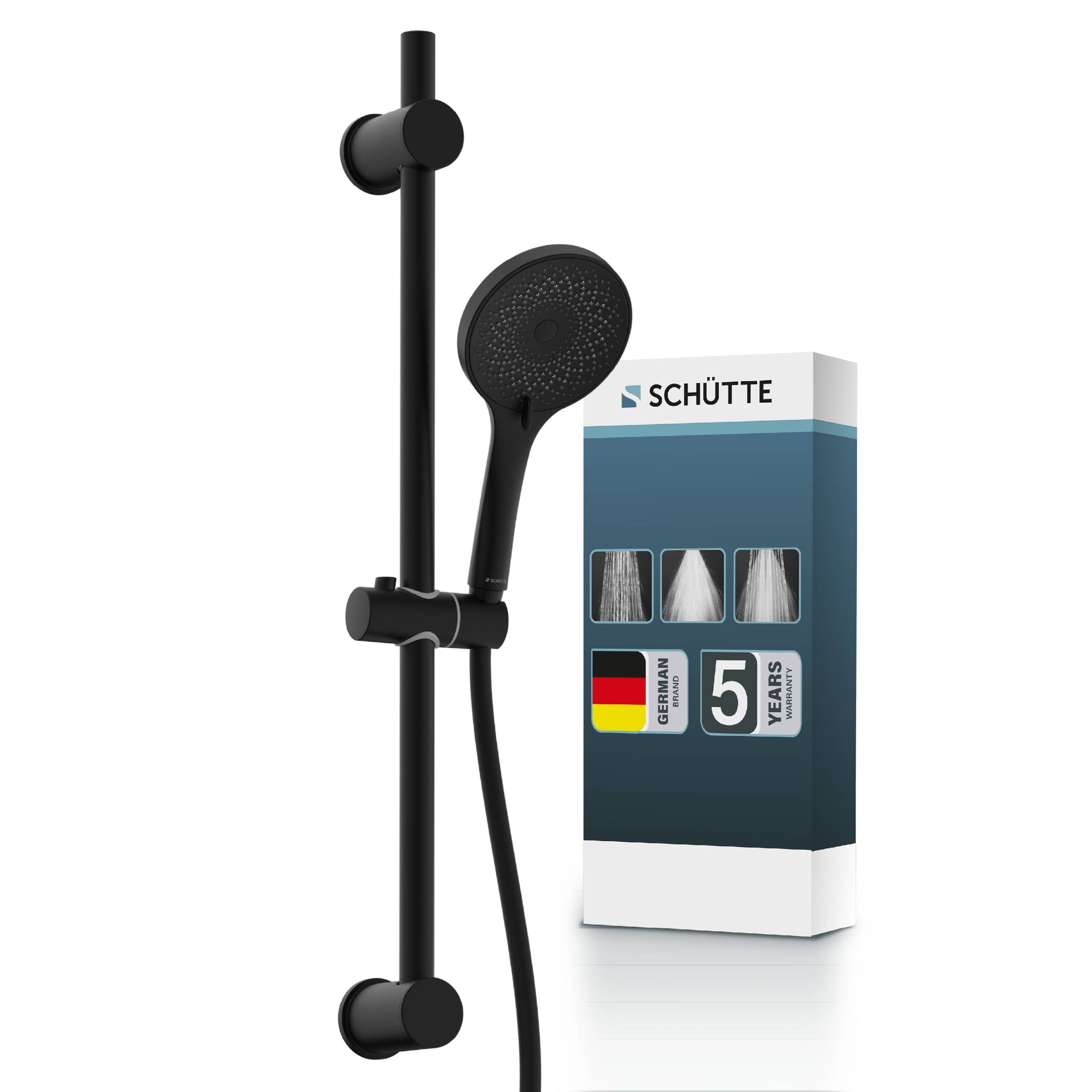 Schwarze tragbare Duschgarnitur mit vertikaler Schiene und Wandhalterungen neben Schütte-Produktverpackung mit der Aufschrift „5 Jahre