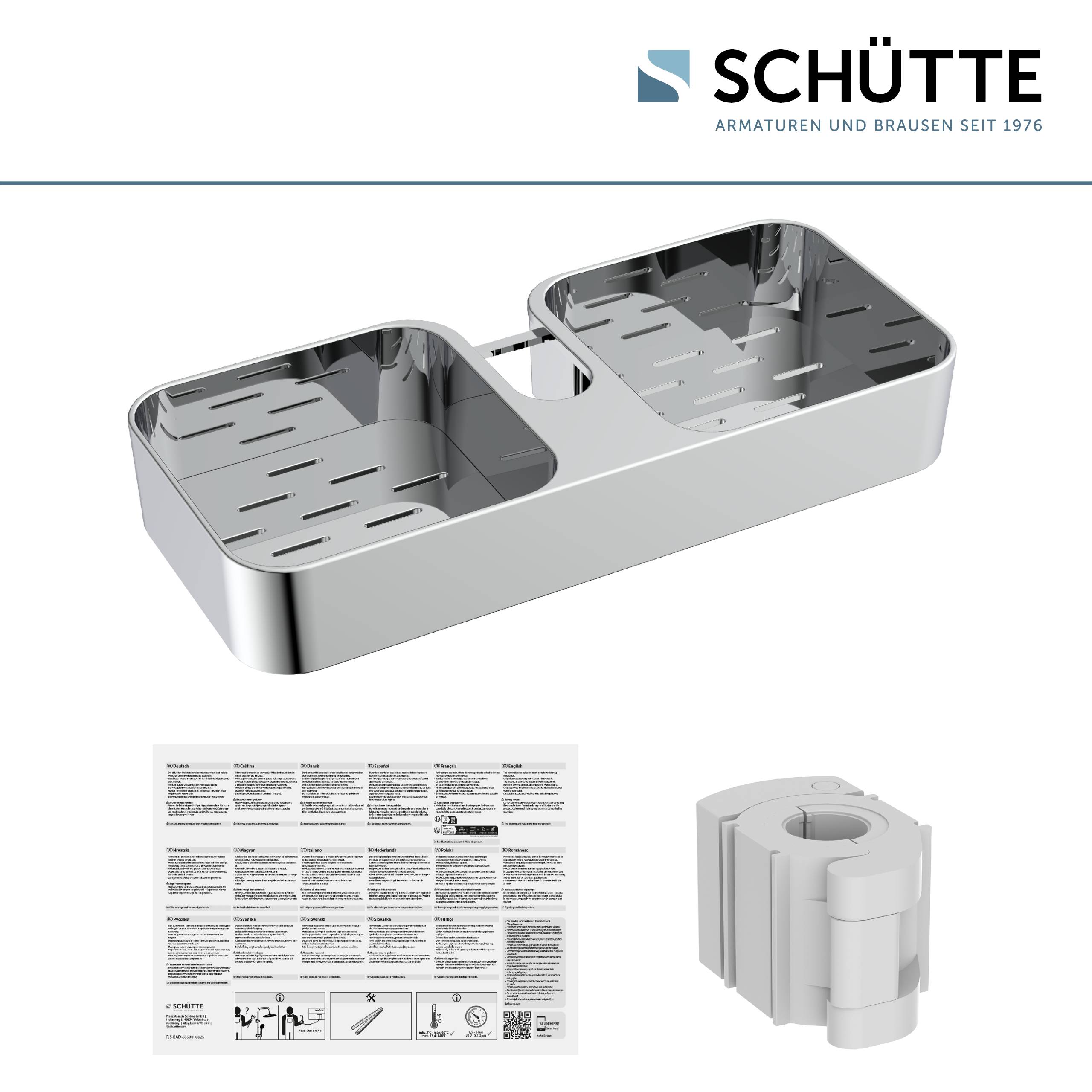 Beidseitiger Silber-Duschkorb, oben dargestellt, mit Produktanleitung darunter, die Drainagelöcher präsentiert. Markenlogo „SCHÜTTE