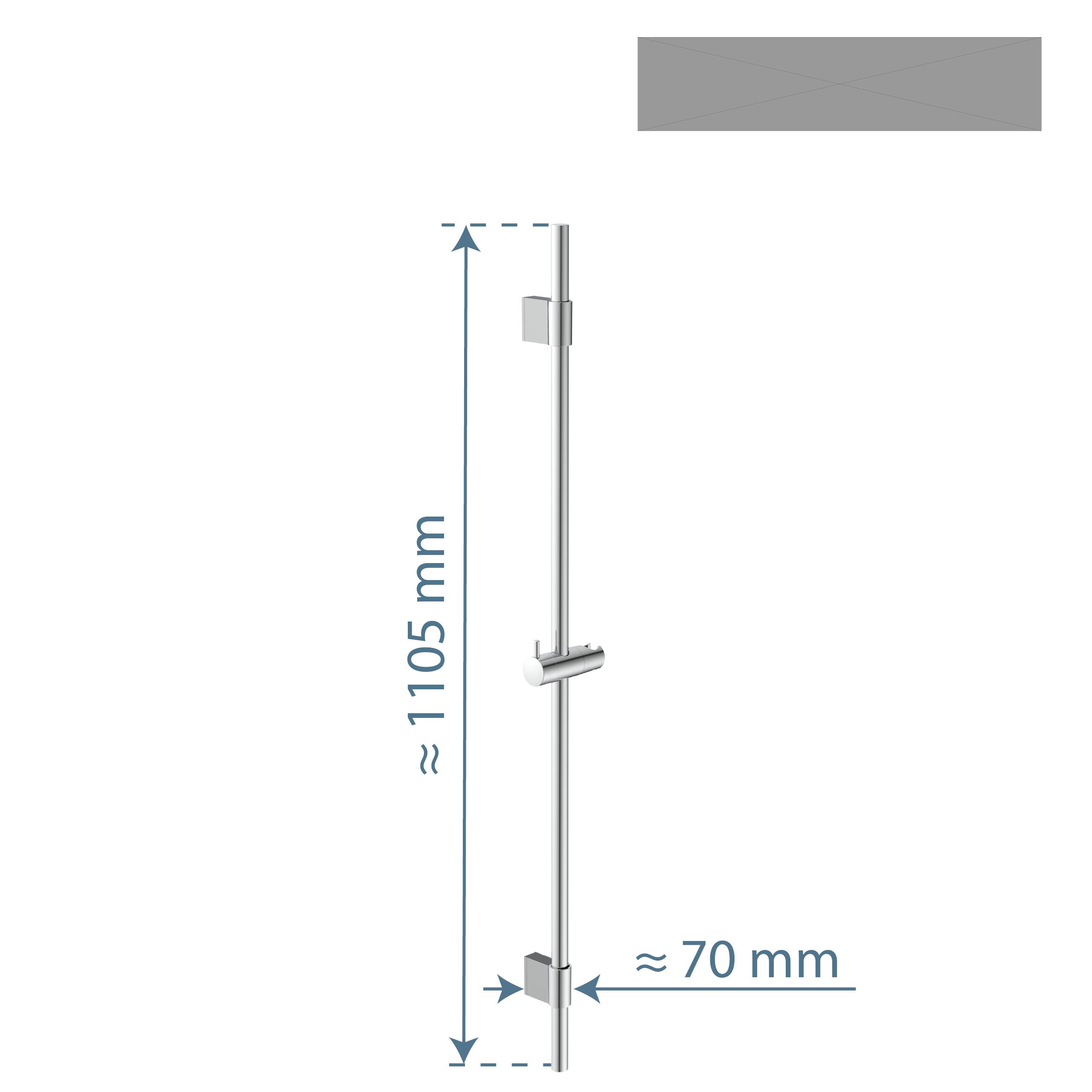 Diagramm einer vertikalen Metallstange mit einer Höhe von etwa 1105mm, mit einer etwa 70mm breiten Halterung, vor einem einfachen Hintergrund dargestellt.