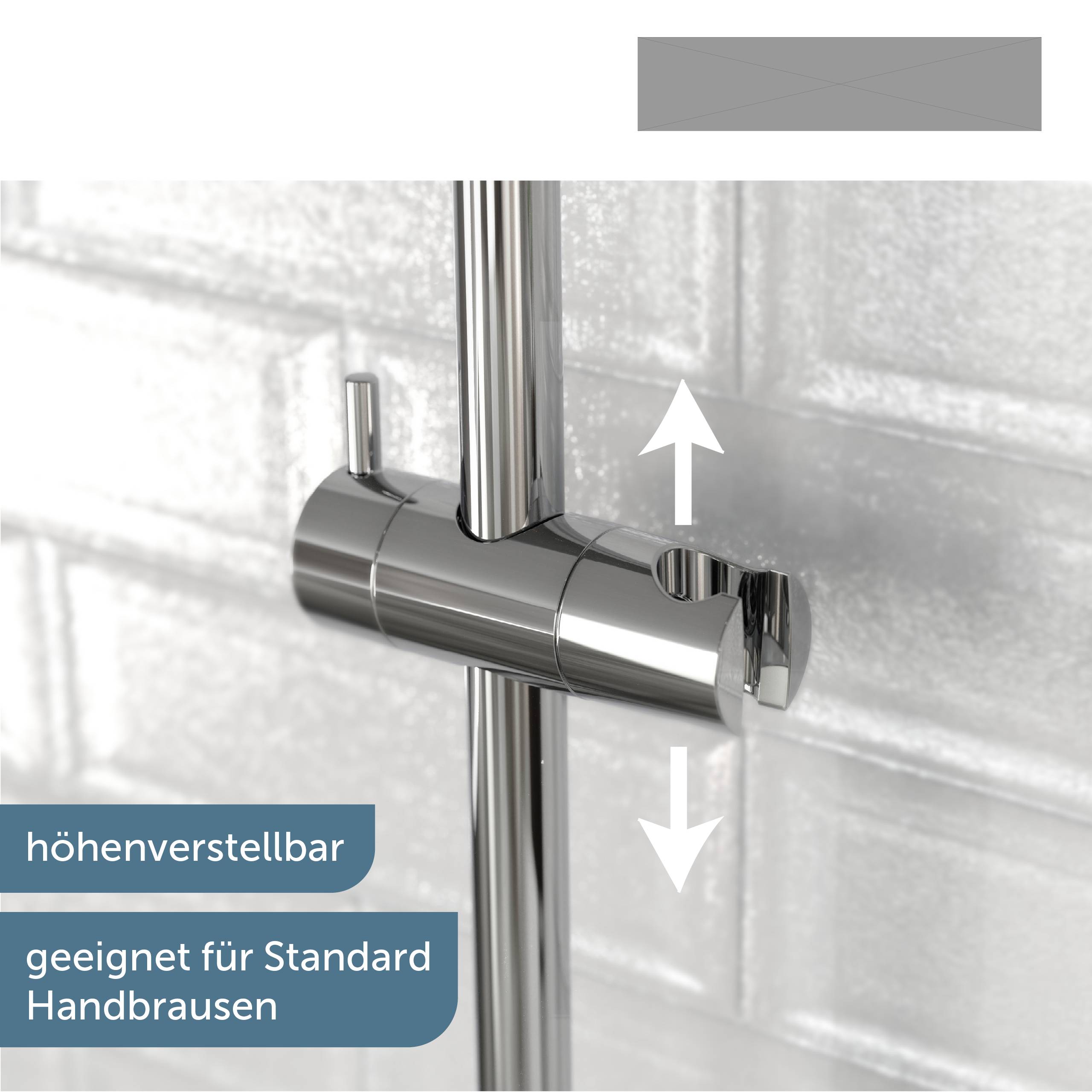 Ein Duschkopfhalter auf einer vertikalen Stange mit Text 