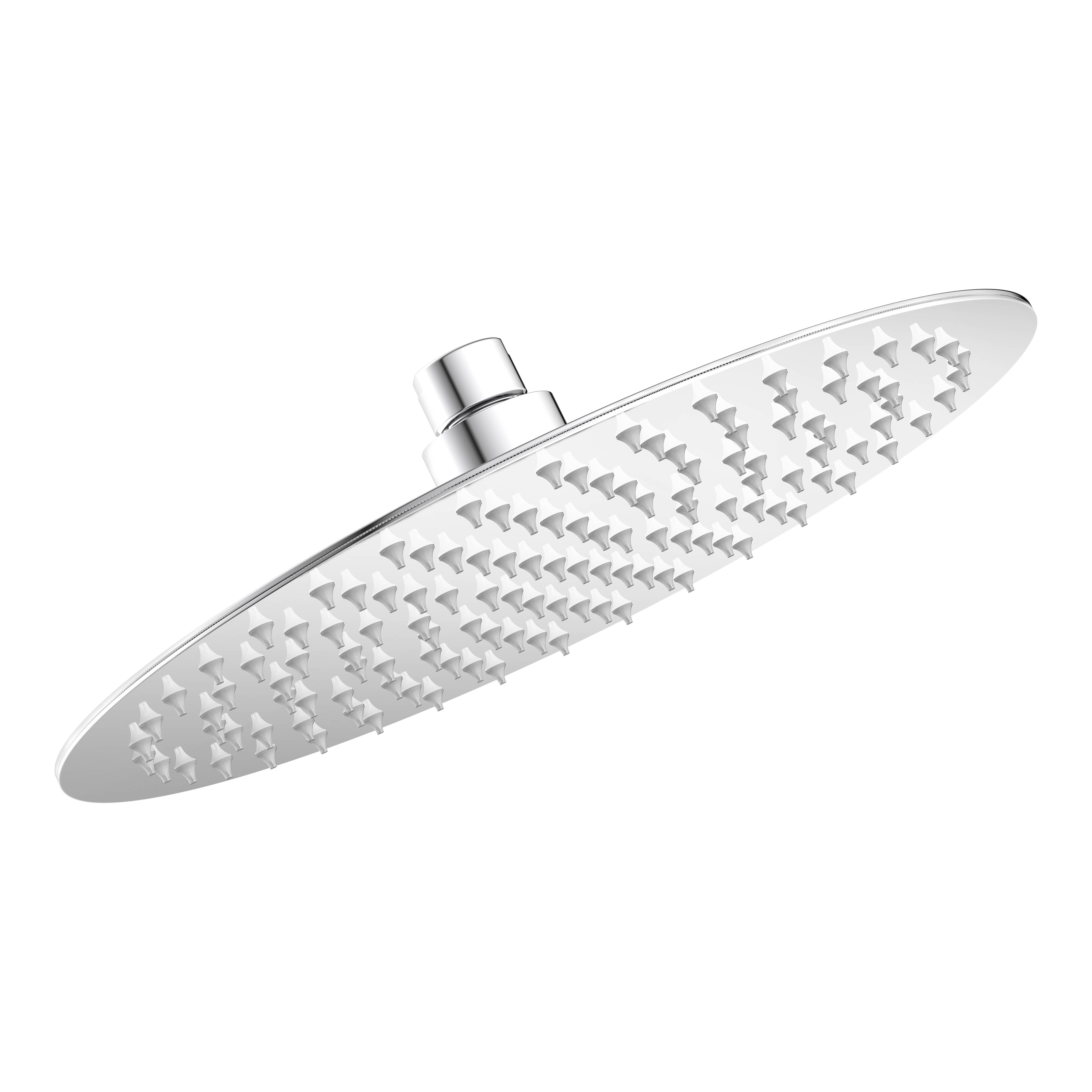 Ein kreisförmiger, an der Decke angebrachter Duschkopf mit zahlreichen Düsen vor schwarzem Hintergrund, konstruiert für eine gleichmäßige Wasserverteilung.