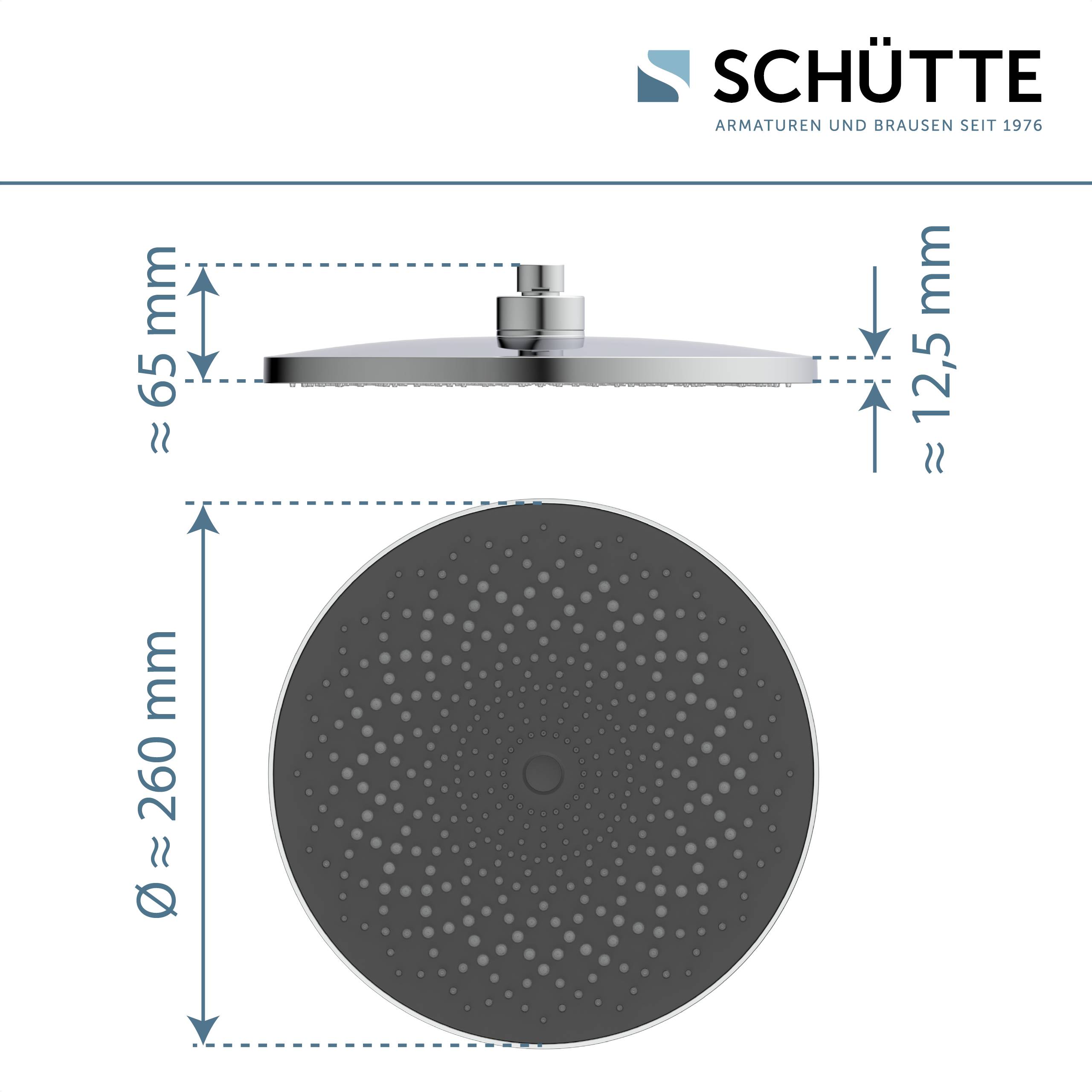 Runde Duschkopf mit 260 mm Durchmesser und 12,5 mm Dicke, montiert in 65 mm Höhe. Markenlogo 'SCHÜTTE' oben rechts.