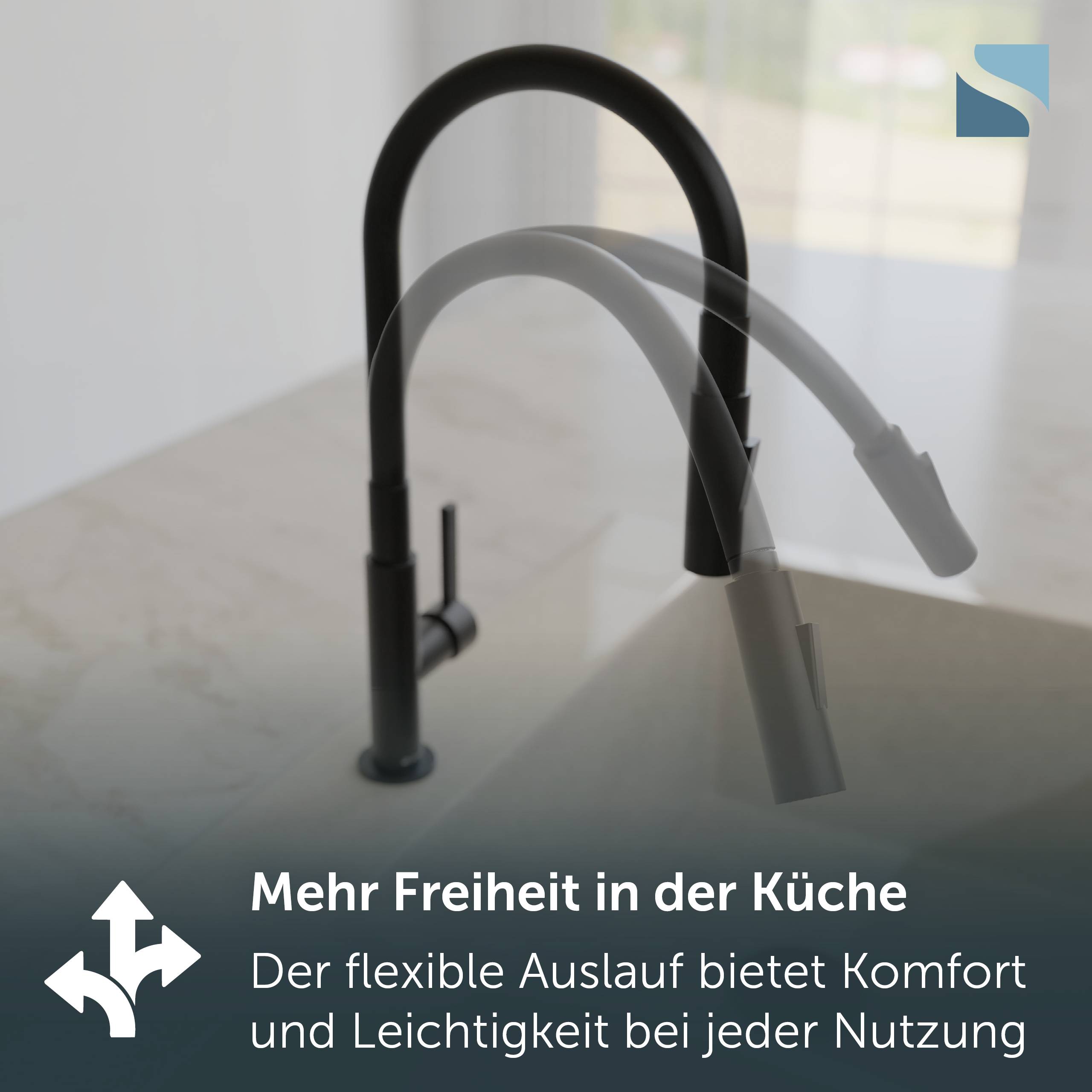 Schwarze Küchenarmatur mit flexiblem ausziehbarem Auslauf, die größere Freiheit und Benutzerfreundlichkeit in der Küche bietet.