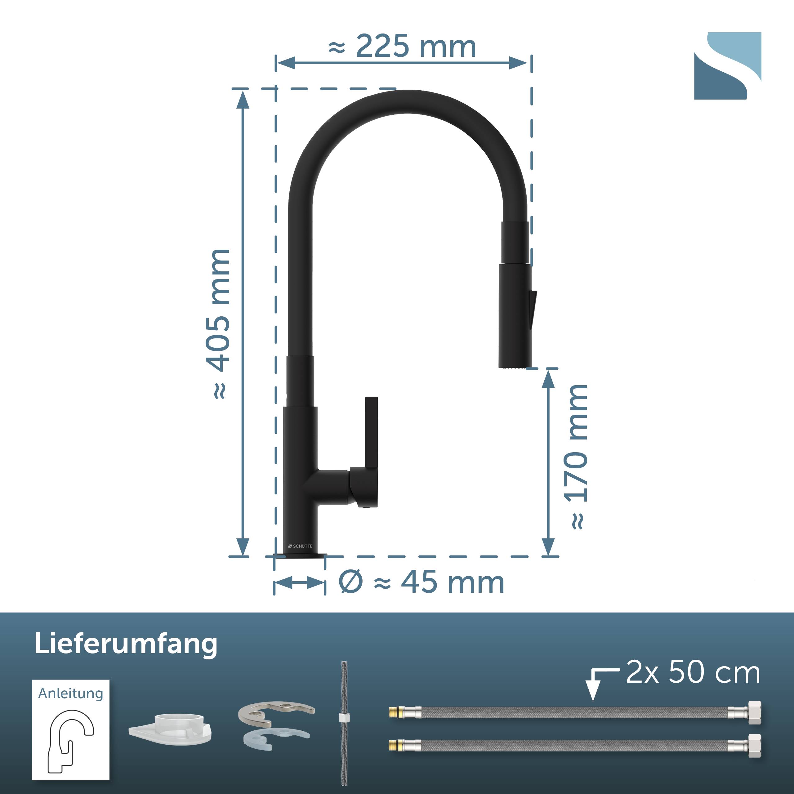 Produktdiagramm eines schwarzen Küchenarmatur mit Abmessungen: ca. 225 mm breit, 405 mm hoch, 170 mm Auslaufhöhe, 45 mm Basisdurchmesser, plus Zubehörteile und 2x 50 cm Schläuche.