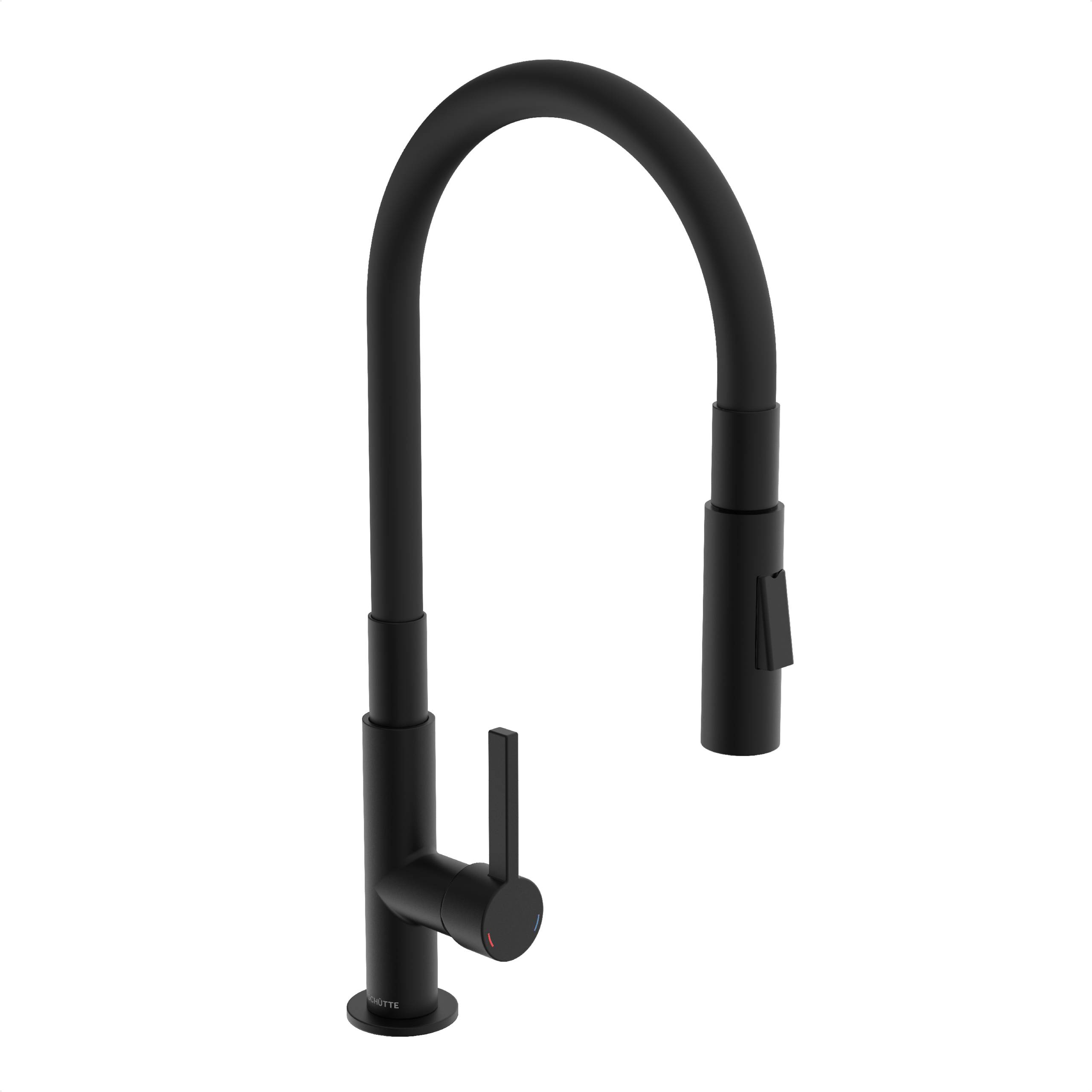 Schwarzer Wasserhahn für die Küche mit einzelnem Griff und ausziehbarer Sprühdüse. Die Verpackungsschachtel im Hintergrund zeigt Produktdetails und 