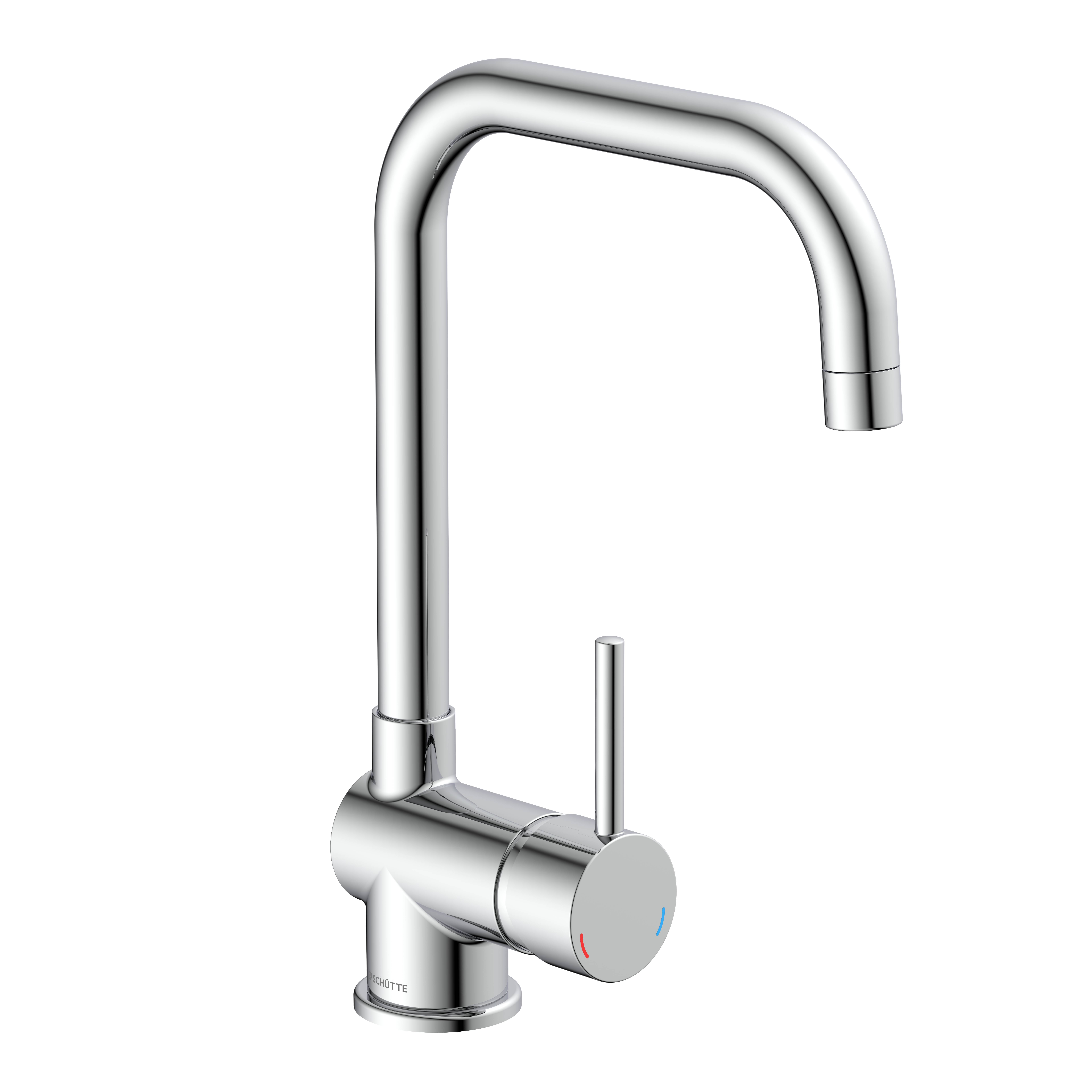 Moderner Chromküchenarmatur mit einzelnem Hebel für Warm- und Kaltwasser, schlankes und minimalistisches Design vor schwarzem Hintergrund.