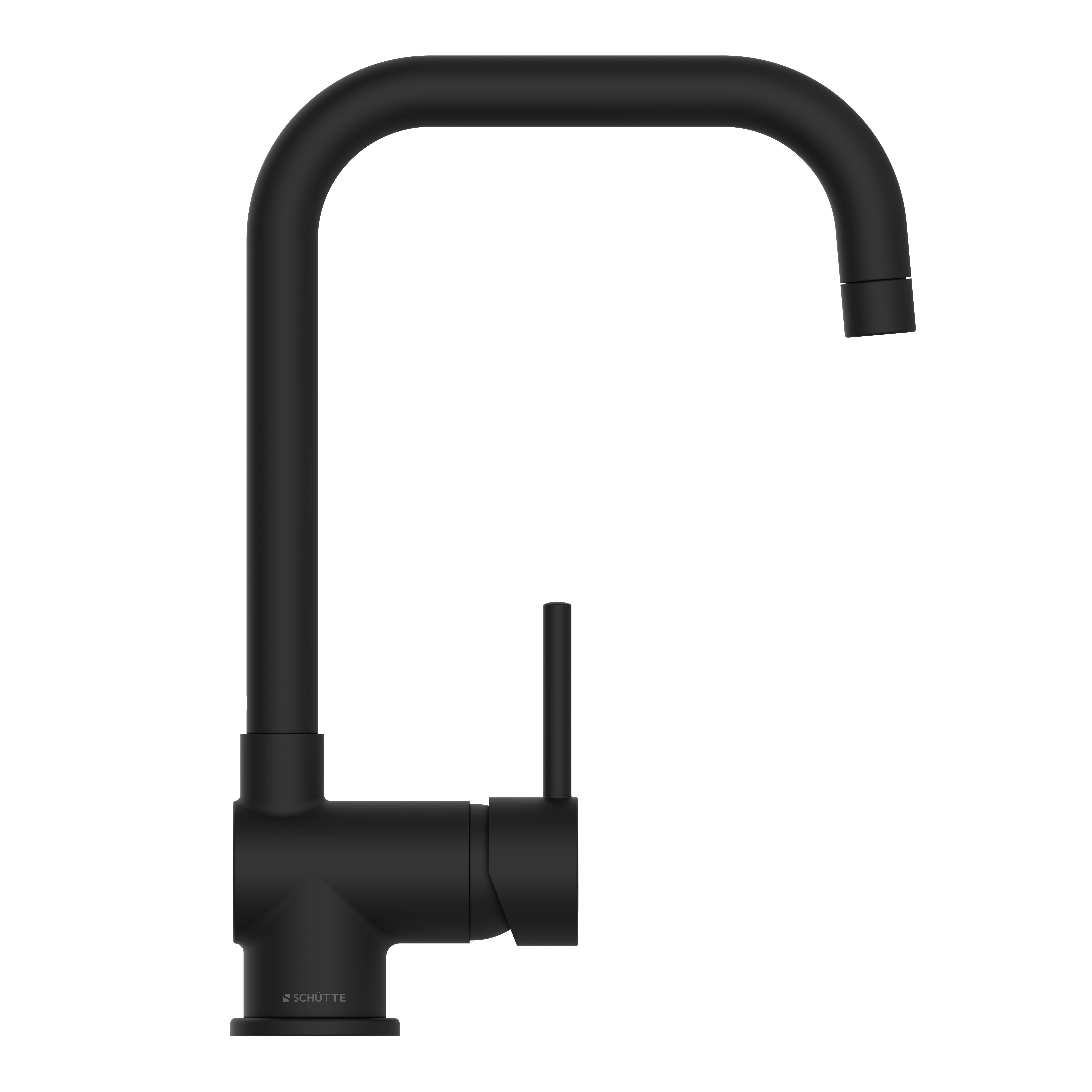 Ein moderner schwarzer Wasserhahn mit quadratischem Design, ausgestattet mit einem einseitigen Hebel zum Regulieren von Wasserdurchfluss und Temperatur.