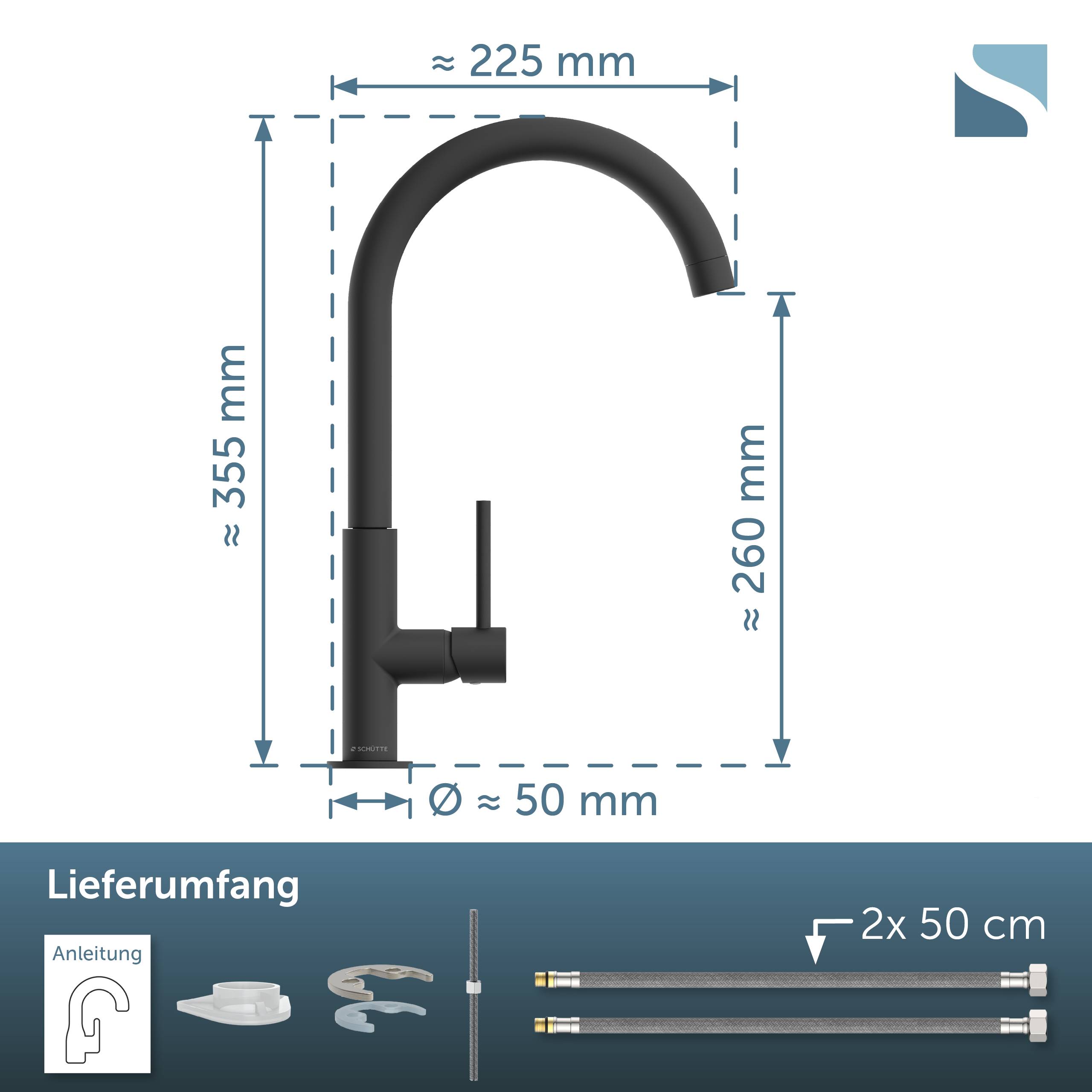 Diagramm eines schwarzen Bogenwasserhahns mit Abmessungen: etwa 225 mm Breite, 355 mm Höhe, 260 mm Auslaufhöhe, 50 mm Basisdurchmesser; enthält unten die Liefergegenstände.